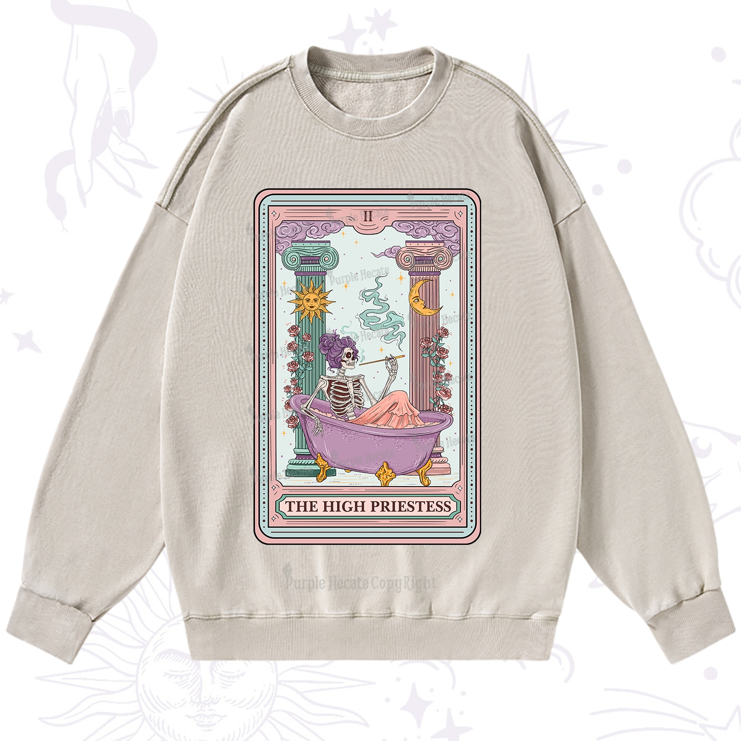Purplehecate The Noble High Priestess Tarot Card Washed Sweatshirt