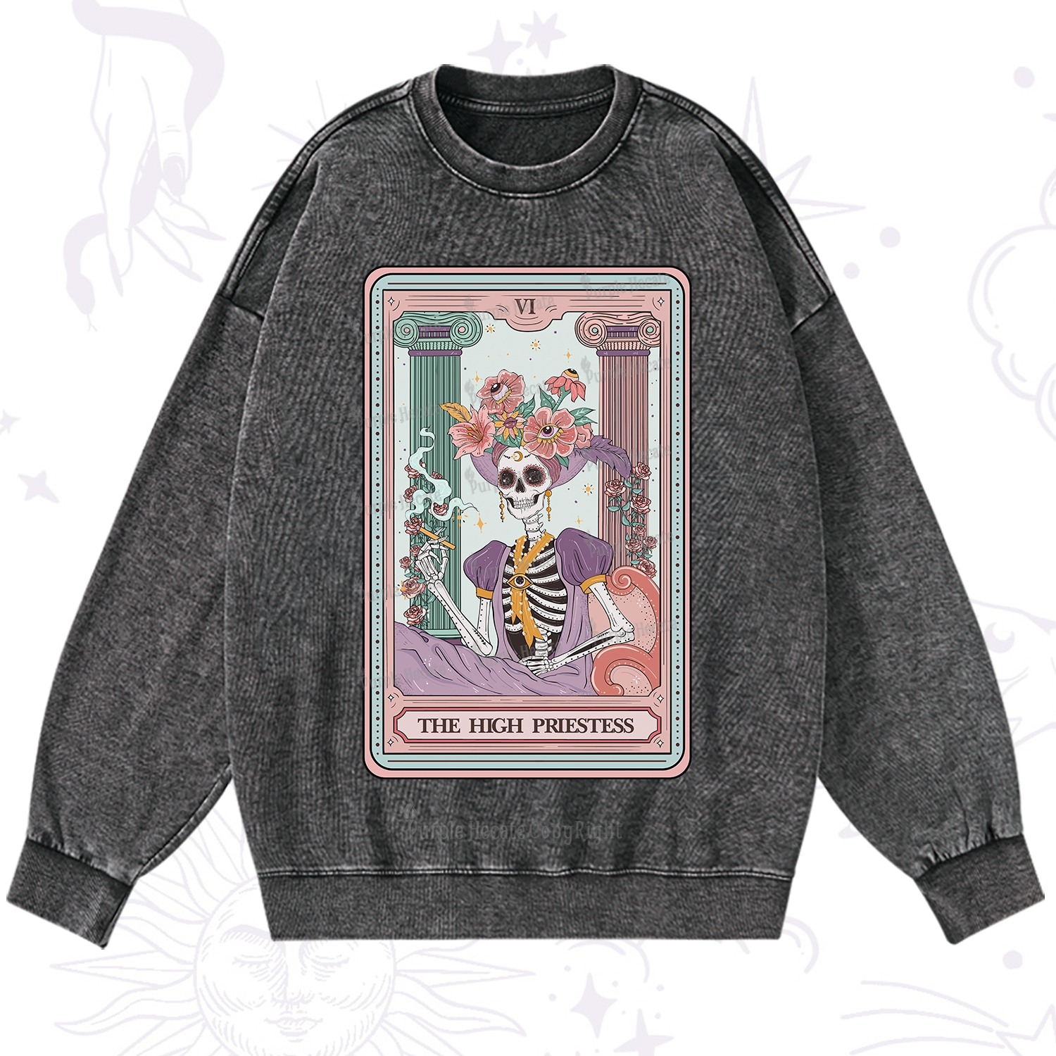 Purplehecate The High Priestess Skeleton Tarot Washed Sweatshirt