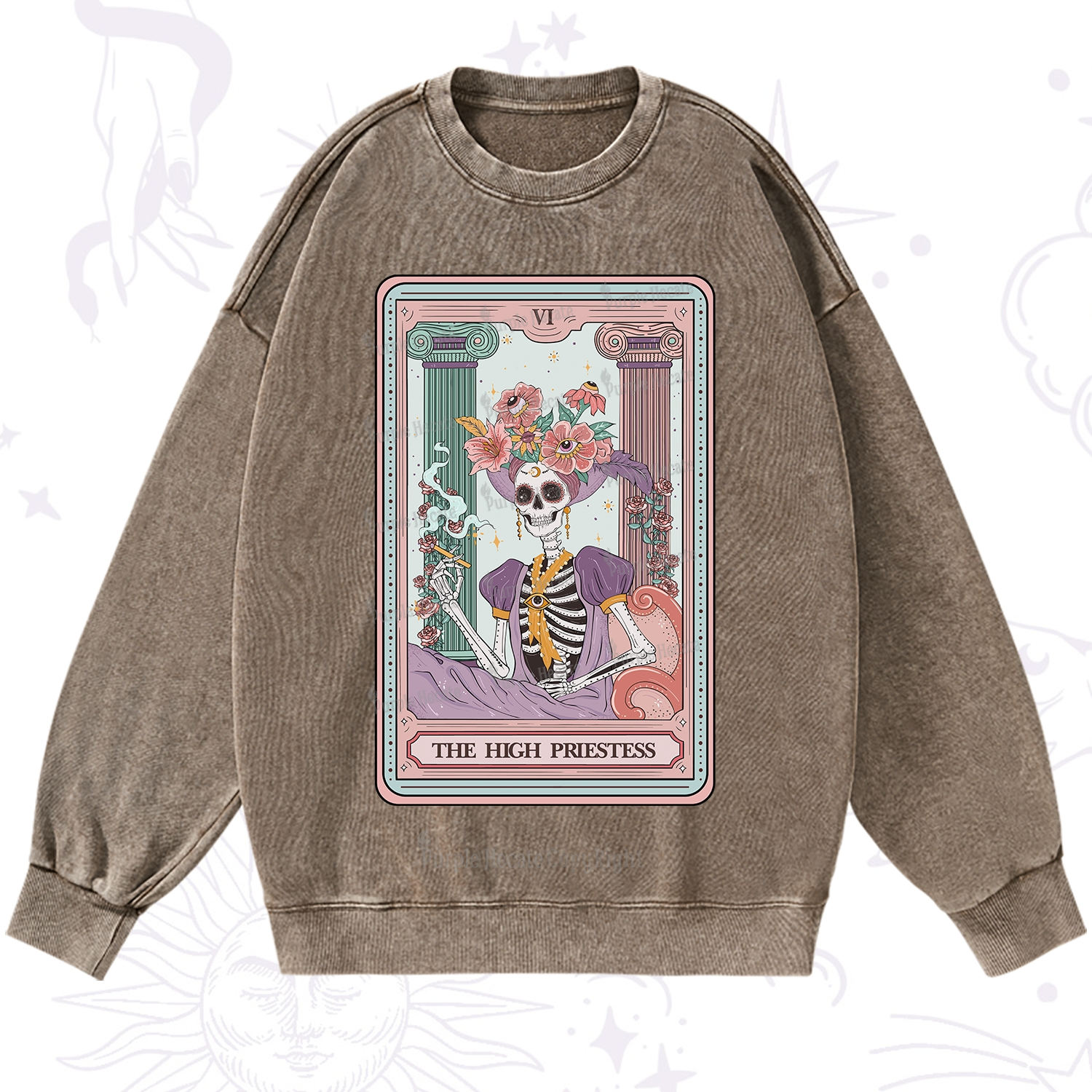 Purplehecate The High Priestess Skeleton Tarot Washed Sweatshirt