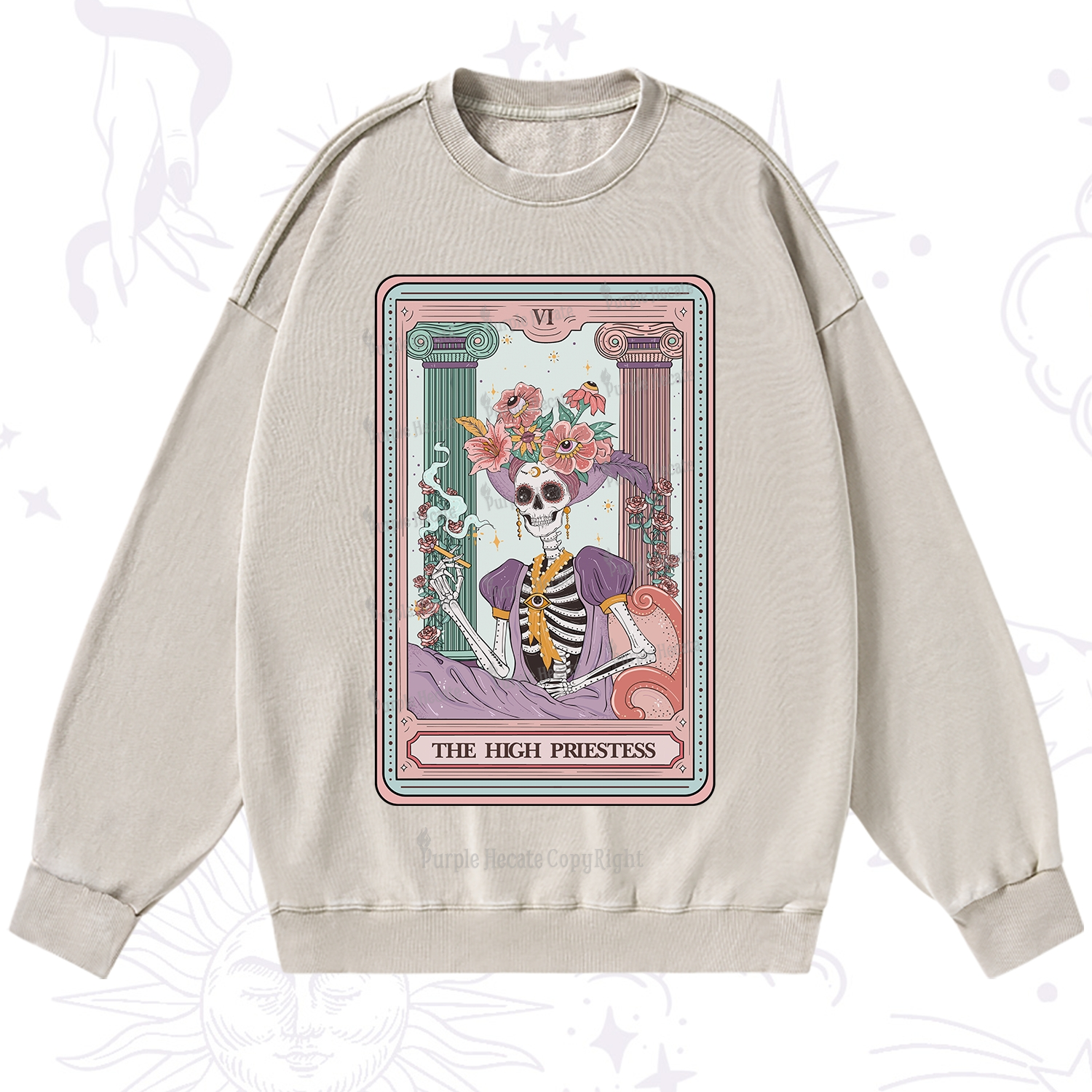 Purplehecate The High Priestess Skeleton Tarot Washed Sweatshirt