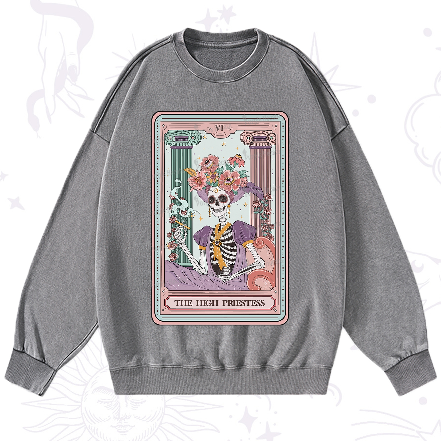 Purplehecate The High Priestess Skeleton Tarot Washed Sweatshirt