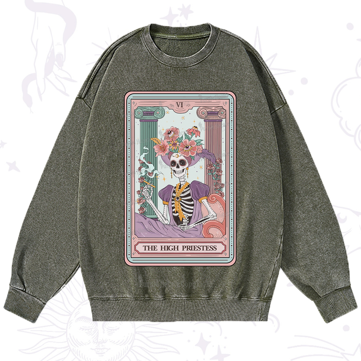 Purplehecate The High Priestess Skeleton Tarot Washed Sweatshirt