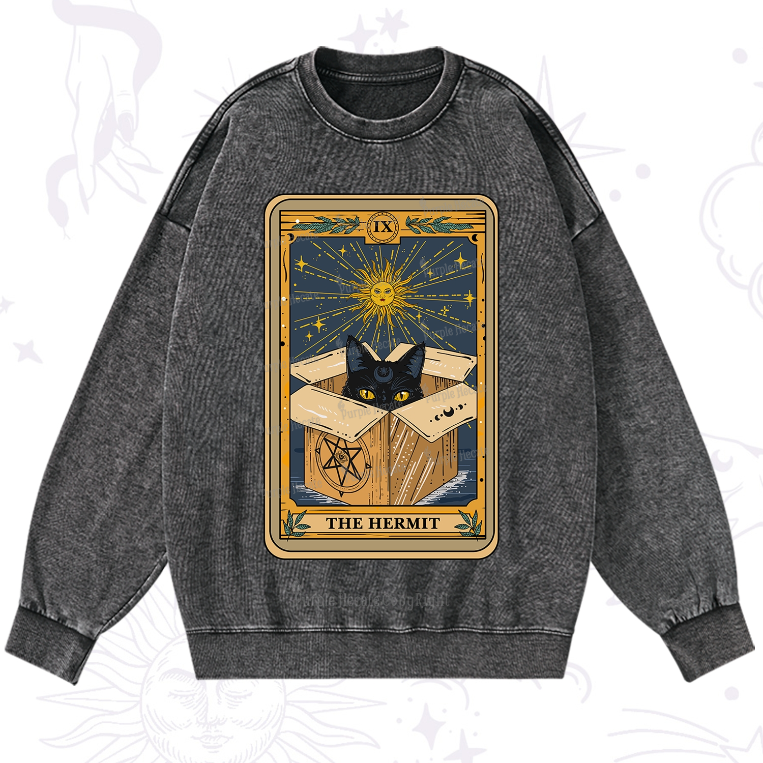Purplehecate The Hermit Cat Tarot Card Washed Sweatshirt