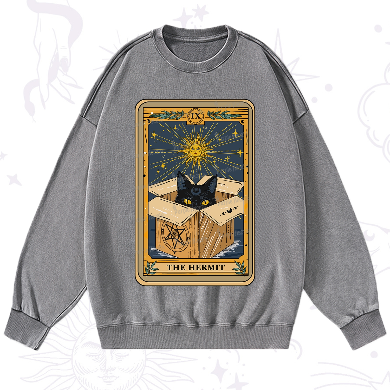 Purplehecate The Hermit Cat Tarot Card Washed Sweatshirt