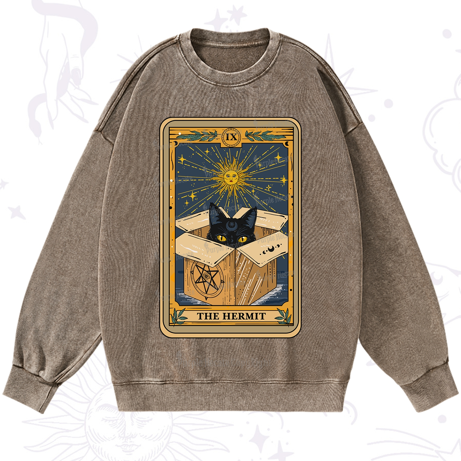 Purplehecate The Hermit Cat Tarot Card Washed Sweatshirt