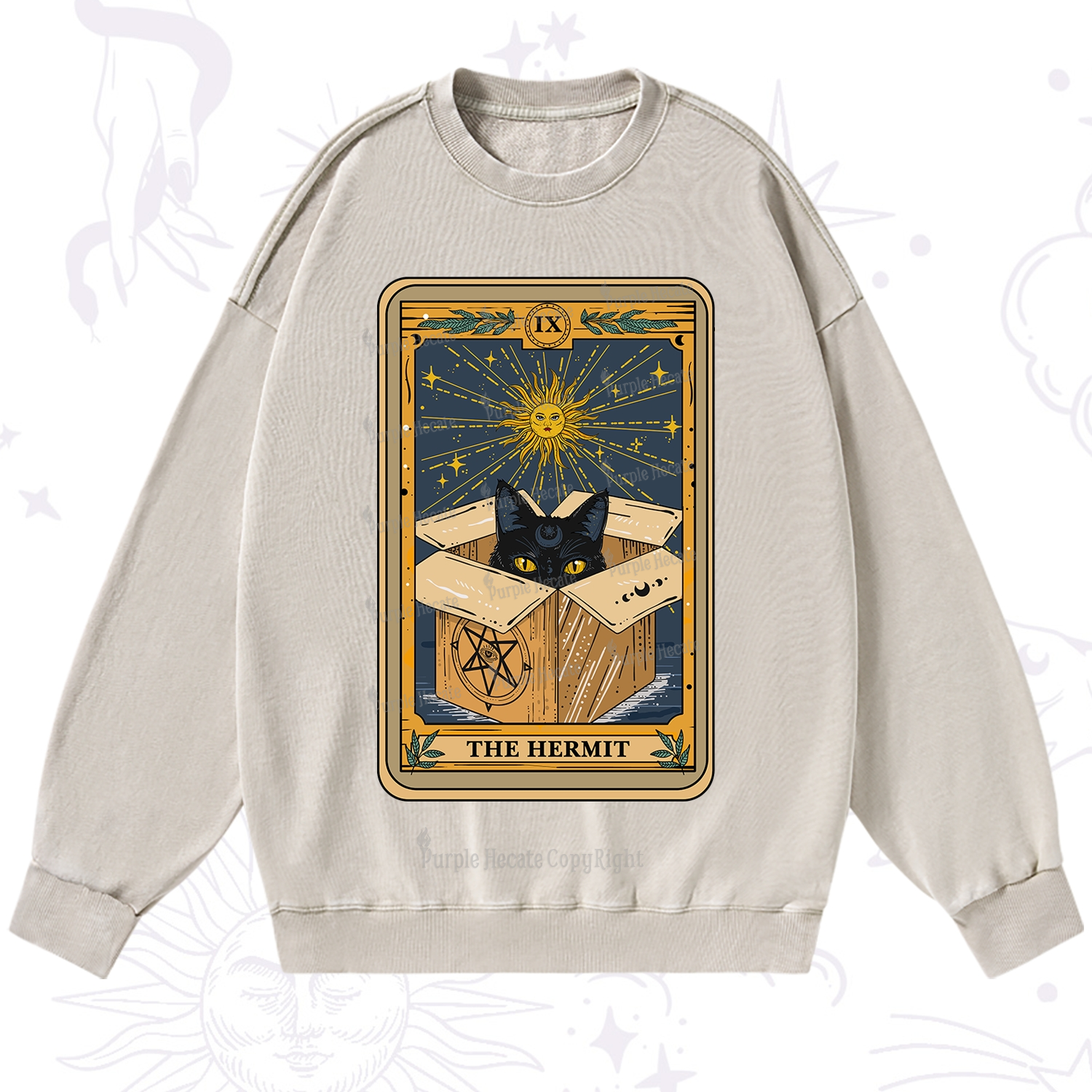Purplehecate The Hermit Cat Tarot Card Washed Sweatshirt