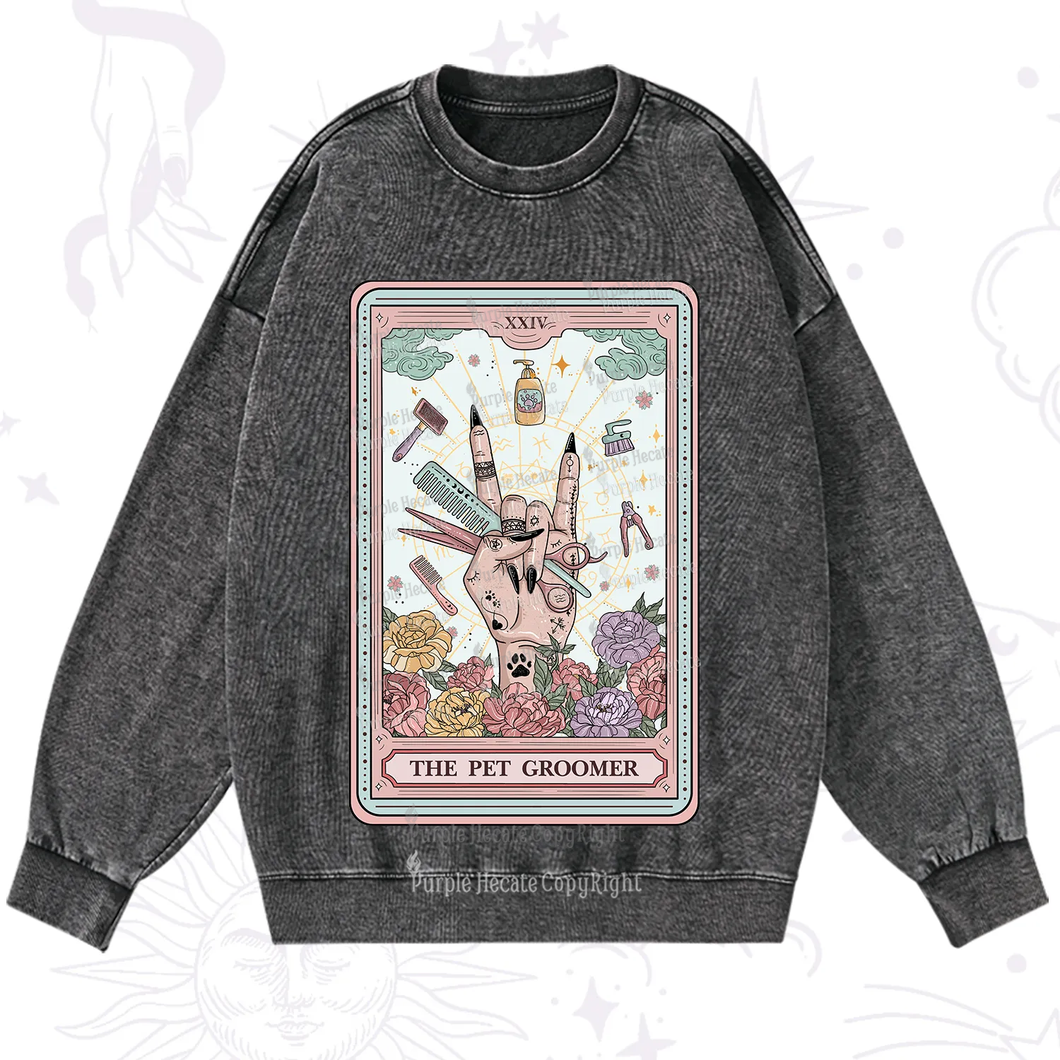 Purplehecate The Pet Groomer Tarot Card Washed Sweatshirt