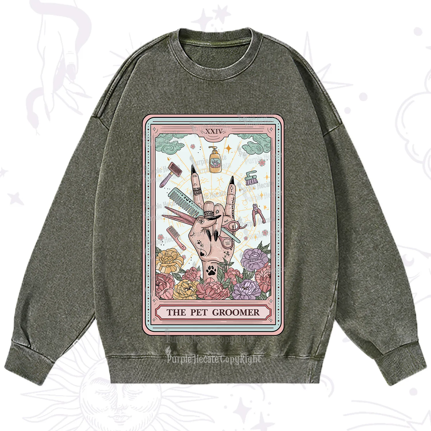Purplehecate The Pet Groomer Tarot Card Washed Sweatshirt