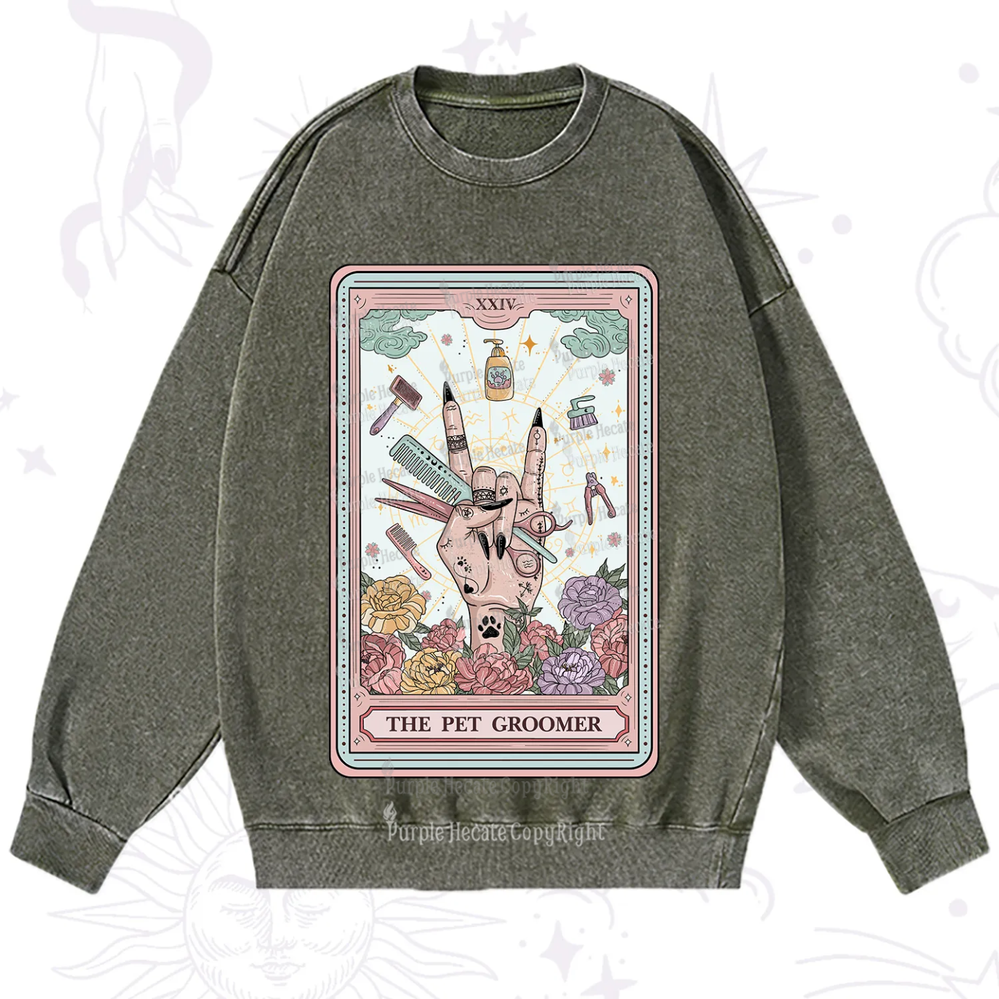 Purplehecate The Pet Groomer Tarot Card Washed Sweatshirt