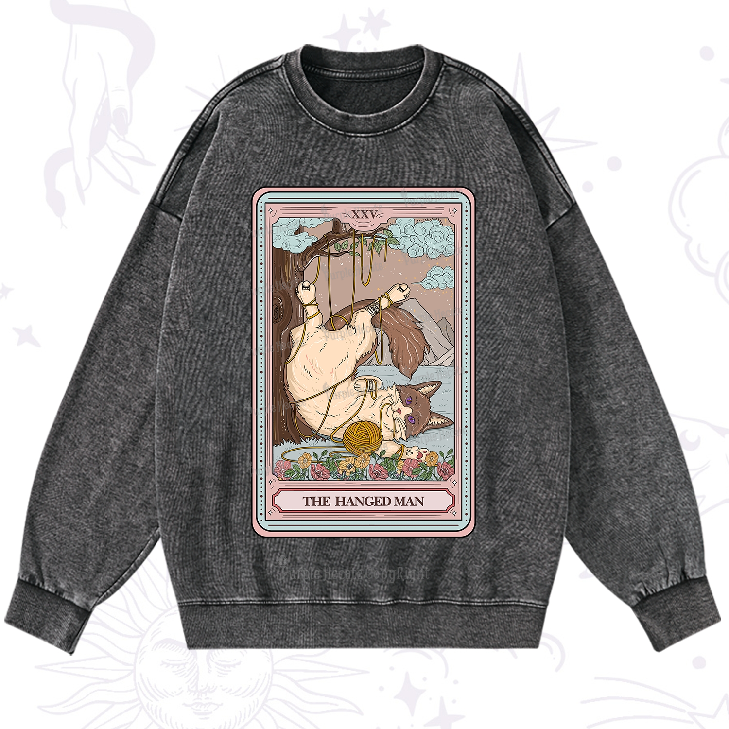 Purplehecate The Hanged Man Tarot Cat Washed Sweatshirt