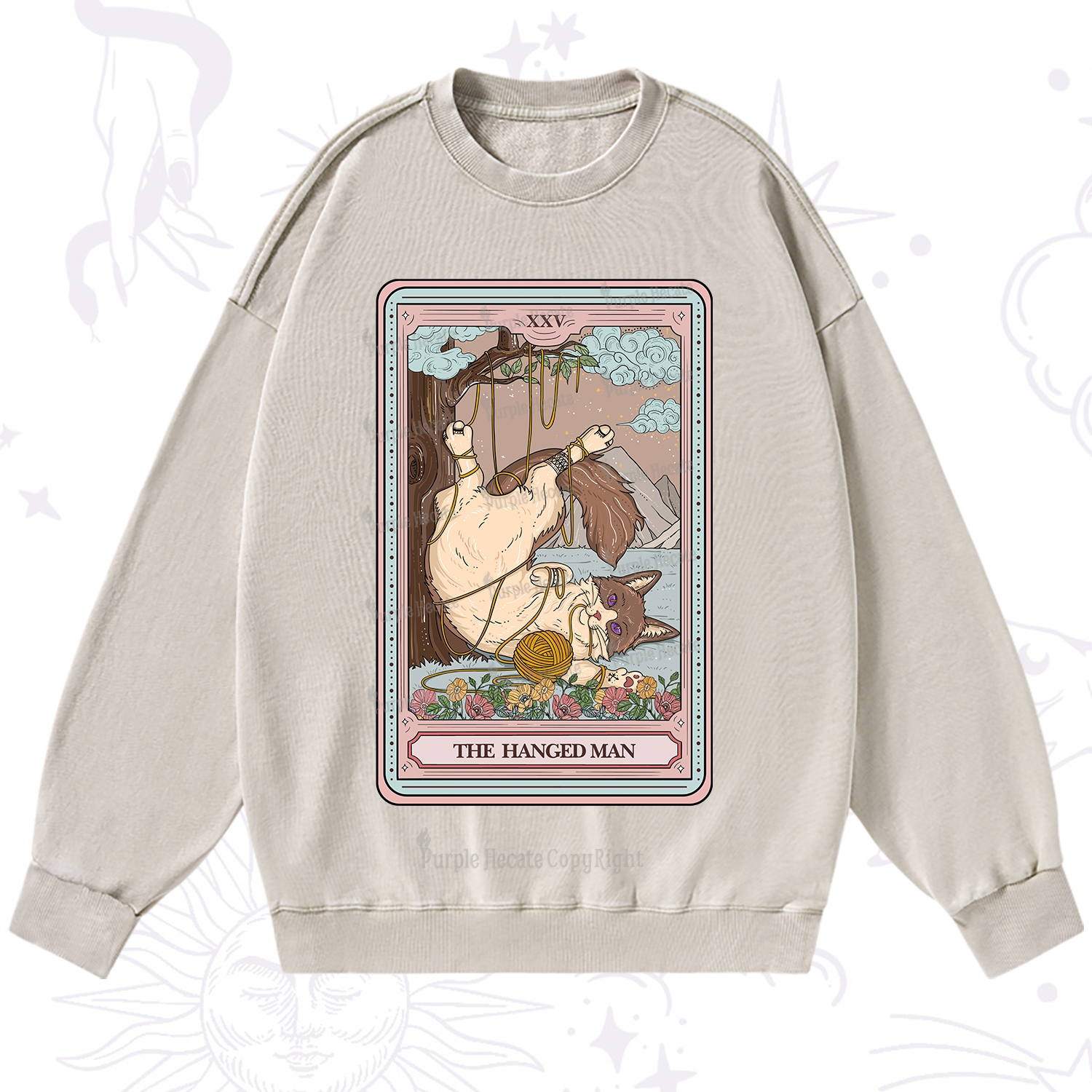 Purplehecate The Hanged Man Tarot Cat Washed Sweatshirt