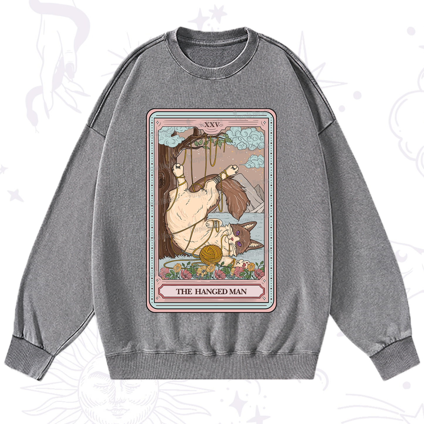 Purplehecate The Hanged Man Tarot Cat Washed Sweatshirt
