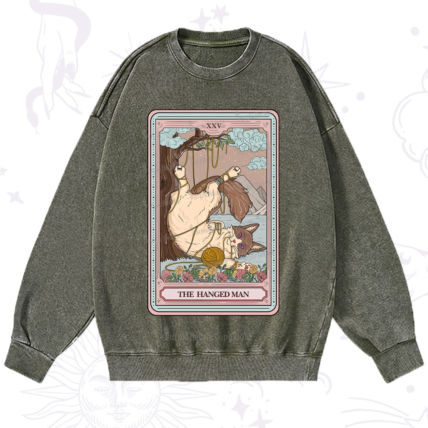 Purplehecate The Hanged Man Tarot Cat Washed Sweatshirt