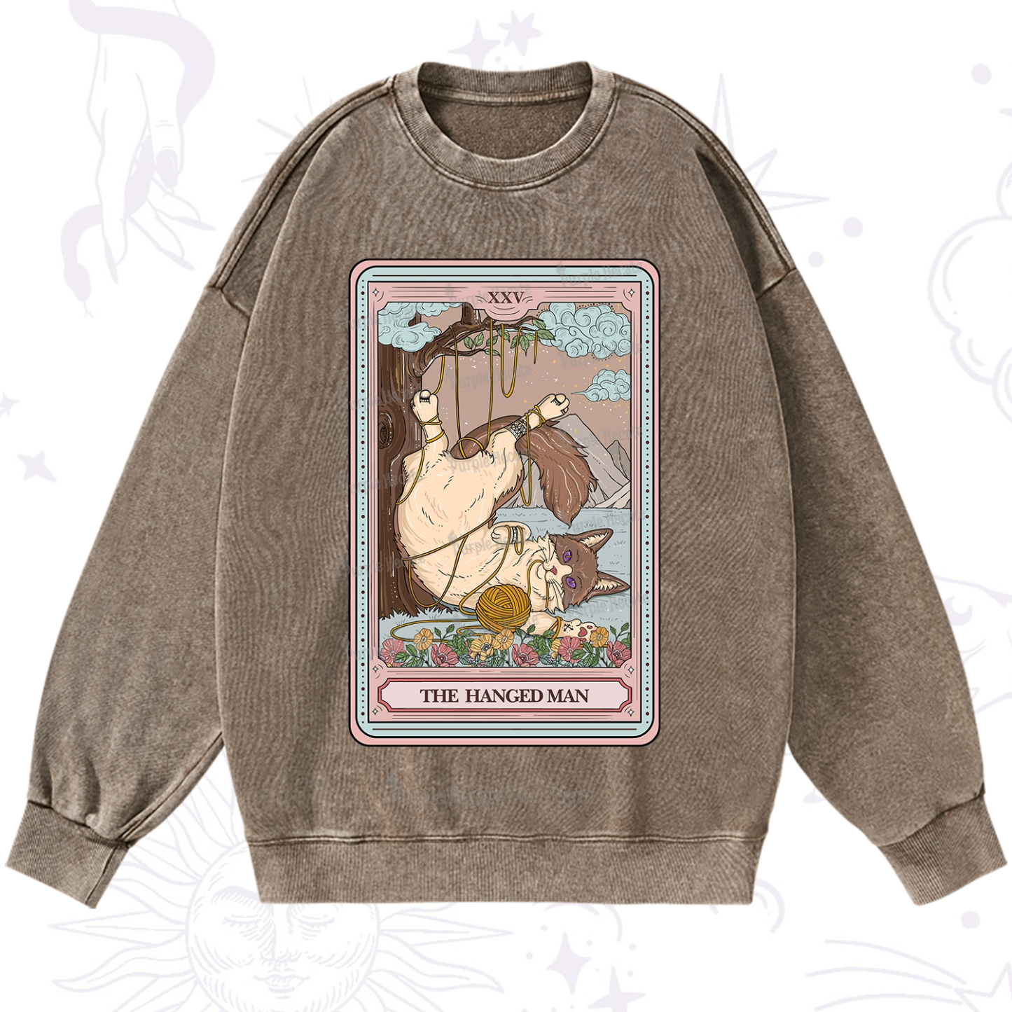 Purplehecate The Hanged Man Tarot Cat Washed Sweatshirt