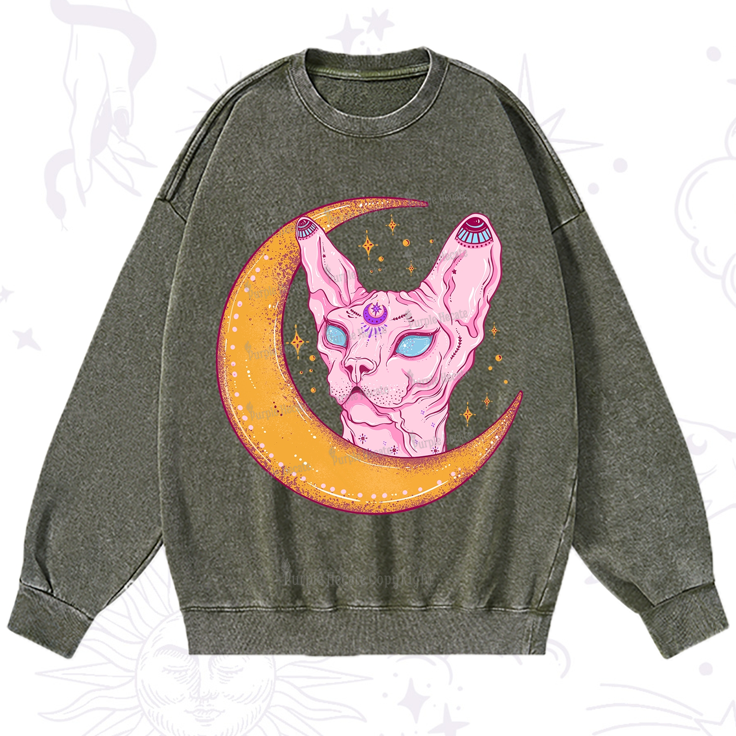 Purplehecate Mystical Witchy Cat Washed Sweatshirt