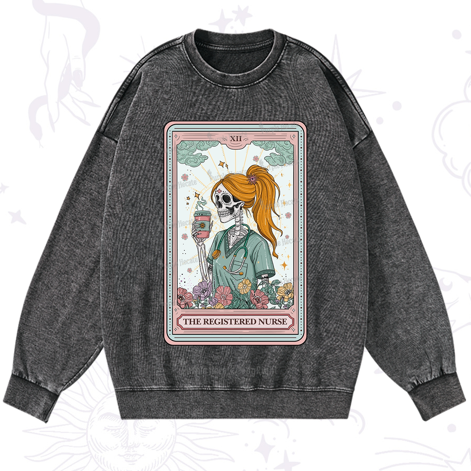 Purplehecate The Registered Nurse Skeleton Tarot Washed Sweatshirt
