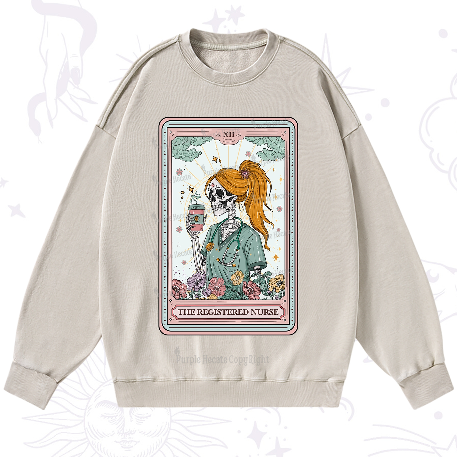 Purplehecate The Registered Nurse Skeleton Tarot Washed Sweatshirt