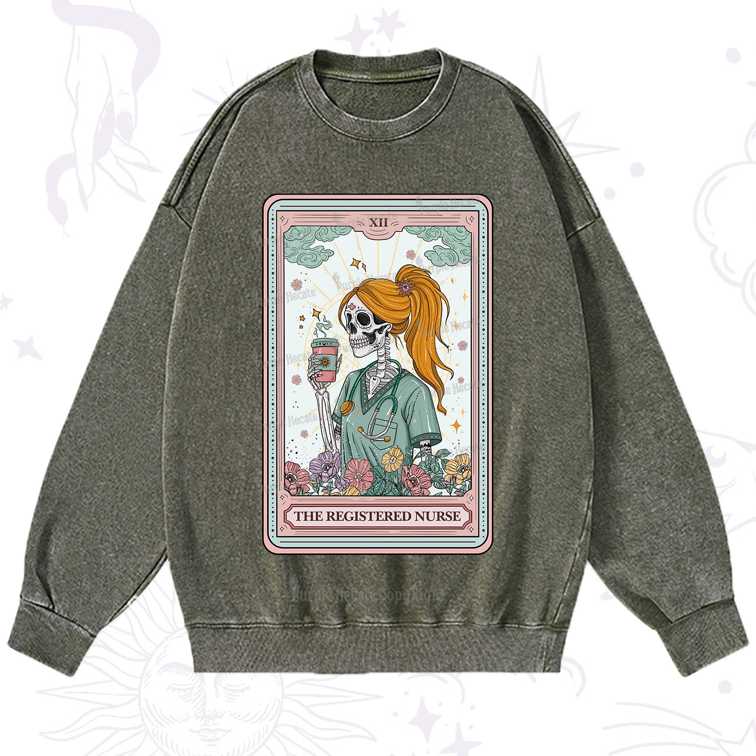 Purplehecate The Registered Nurse Skeleton Tarot Washed Sweatshirt