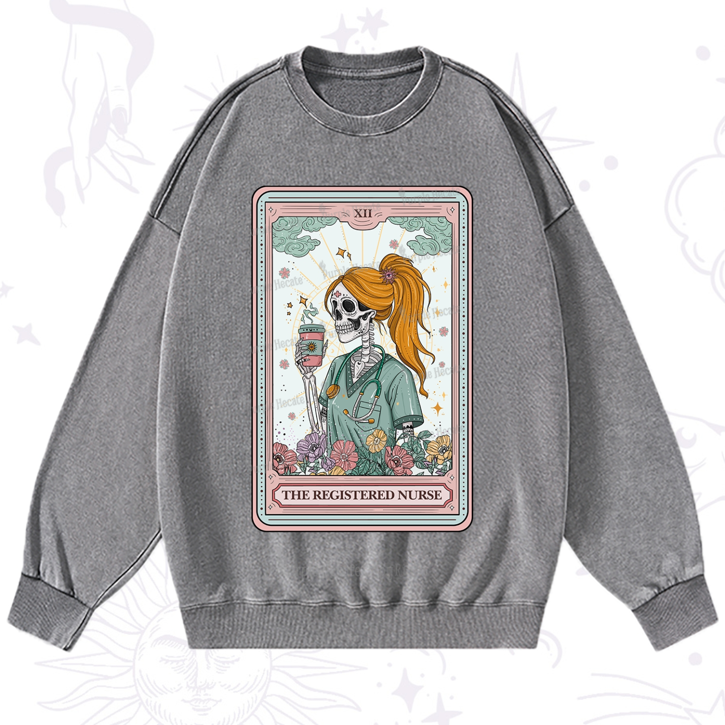 Purplehecate The Registered Nurse Skeleton Tarot Washed Sweatshirt