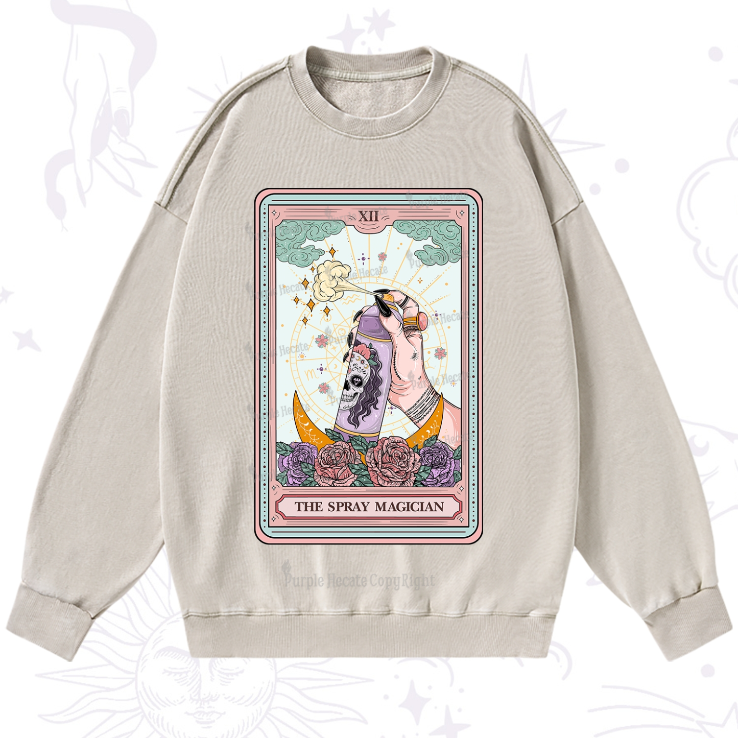 Purplehecate The Spray Magician Tarot Card Washed Sweatshirt