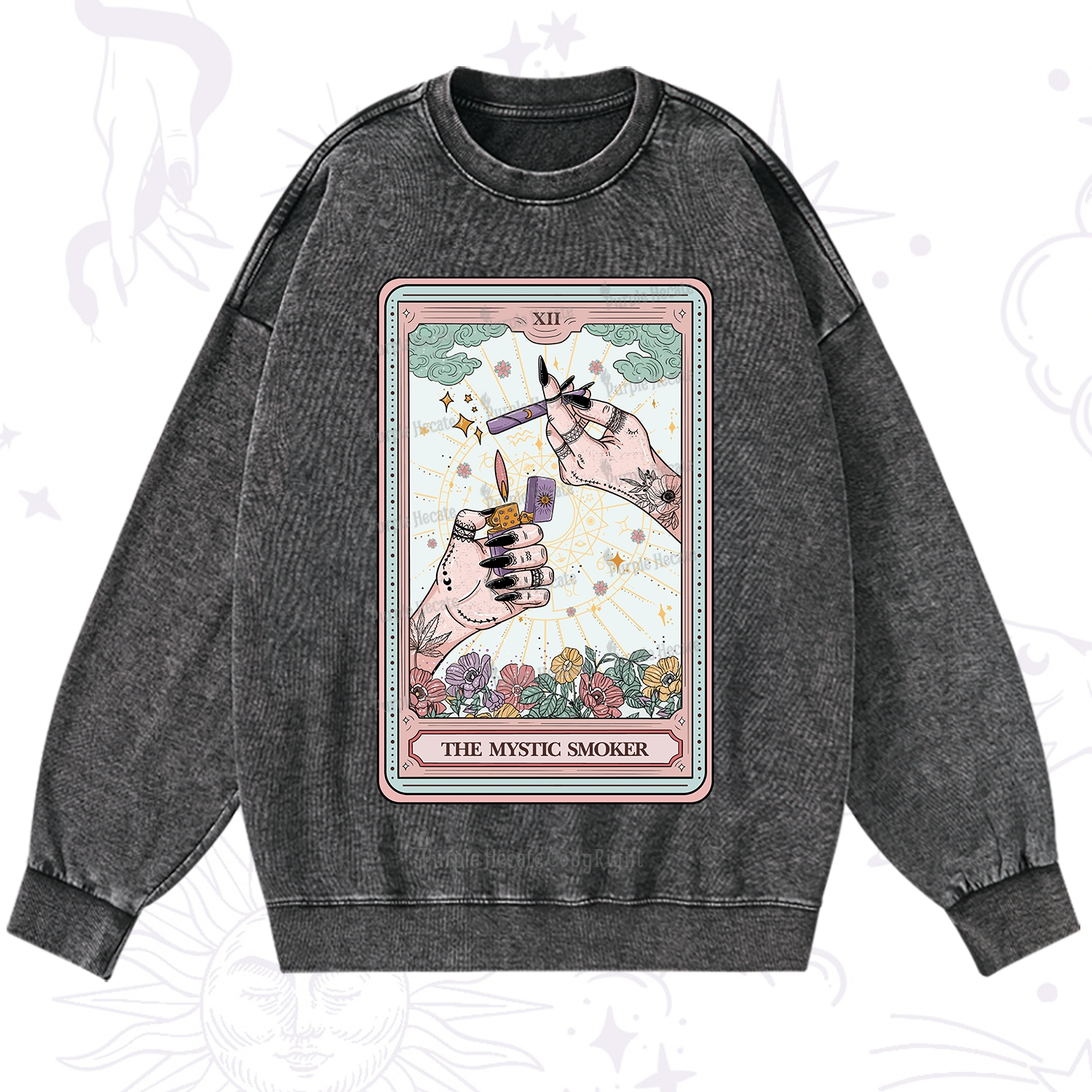 Purplehecate The Mystic Smoker Tarot Card Washed Sweatshirt