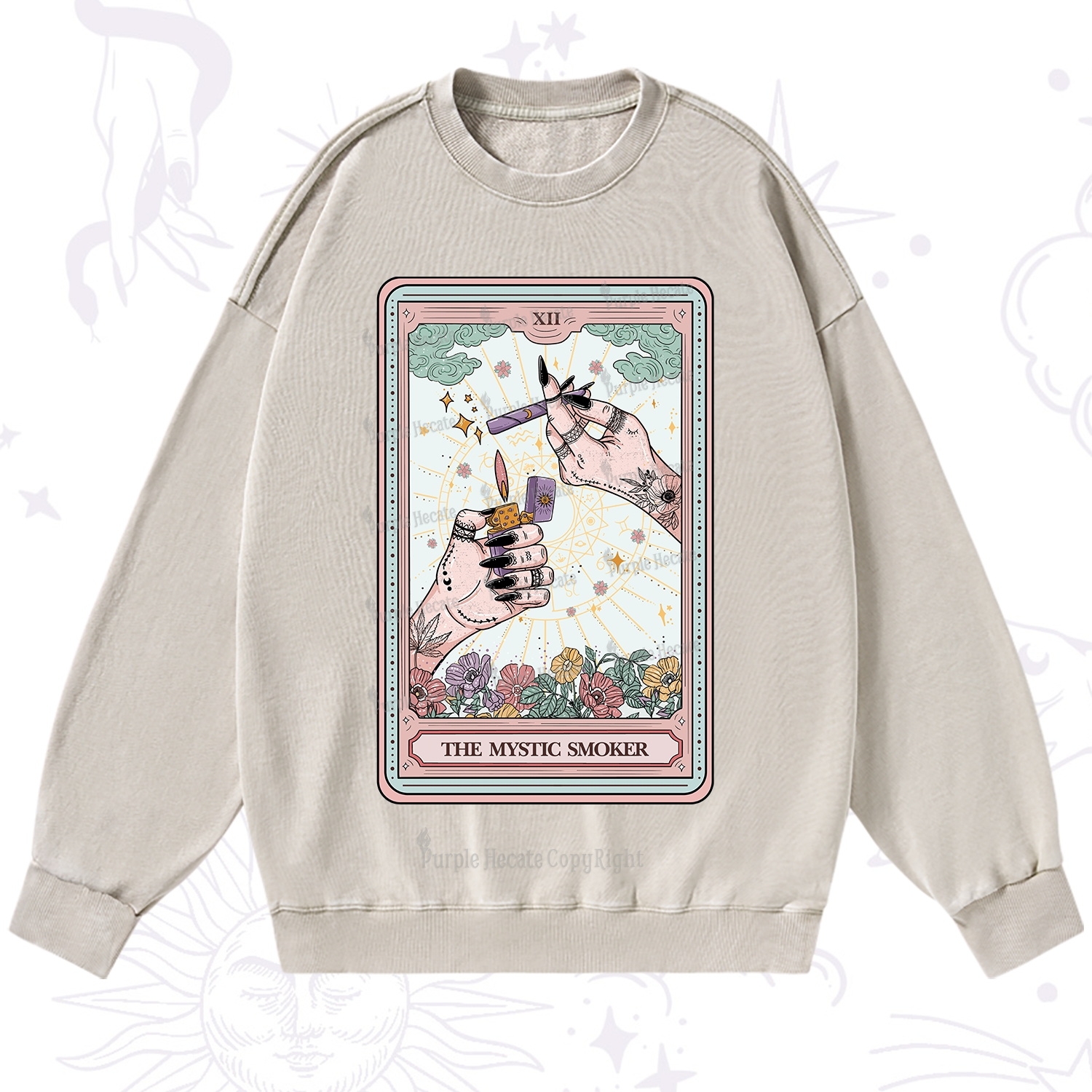 Purplehecate The Mystic Smoker Tarot Card Washed Sweatshirt