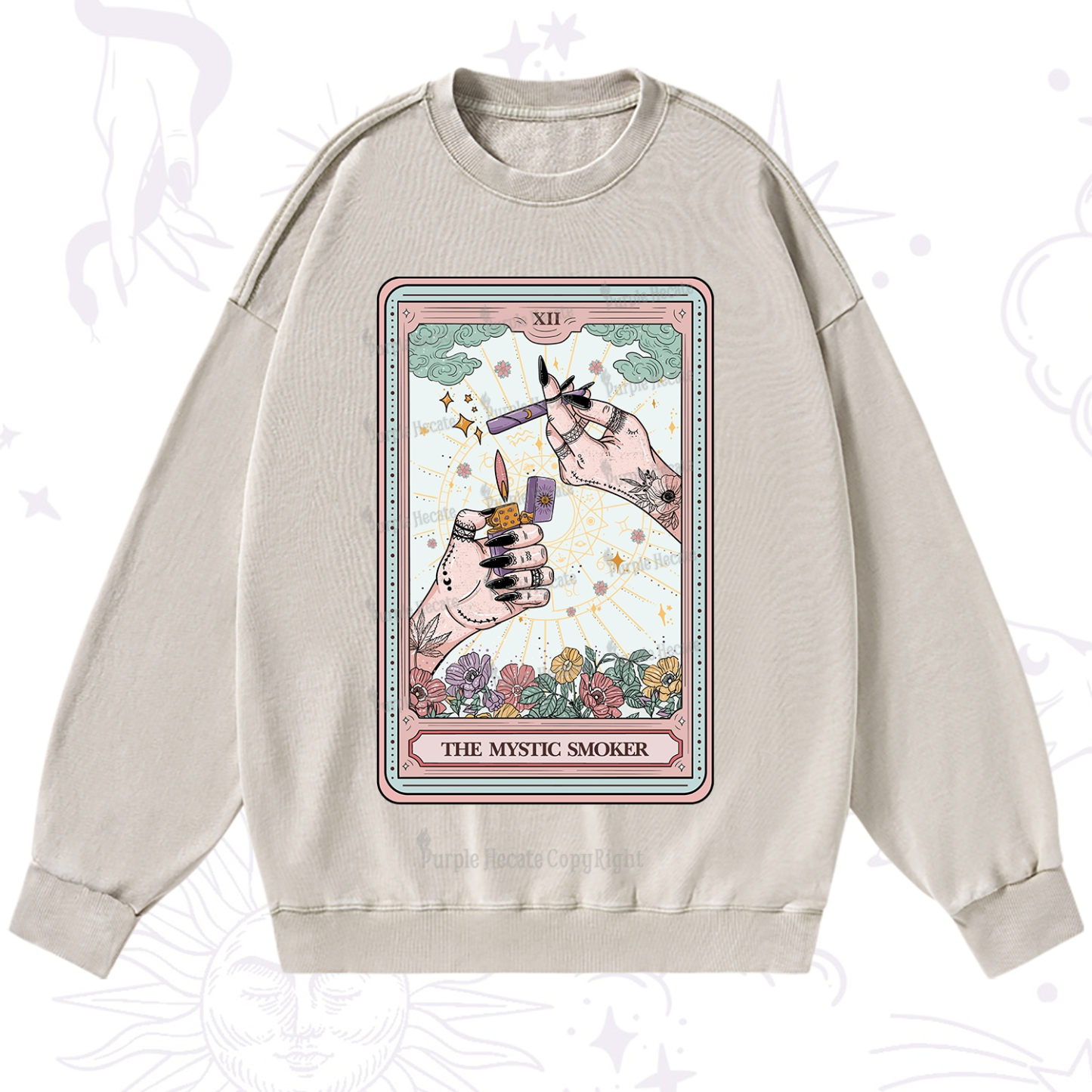 Purplehecate The Mystic Smoker Tarot Card Washed Sweatshirt