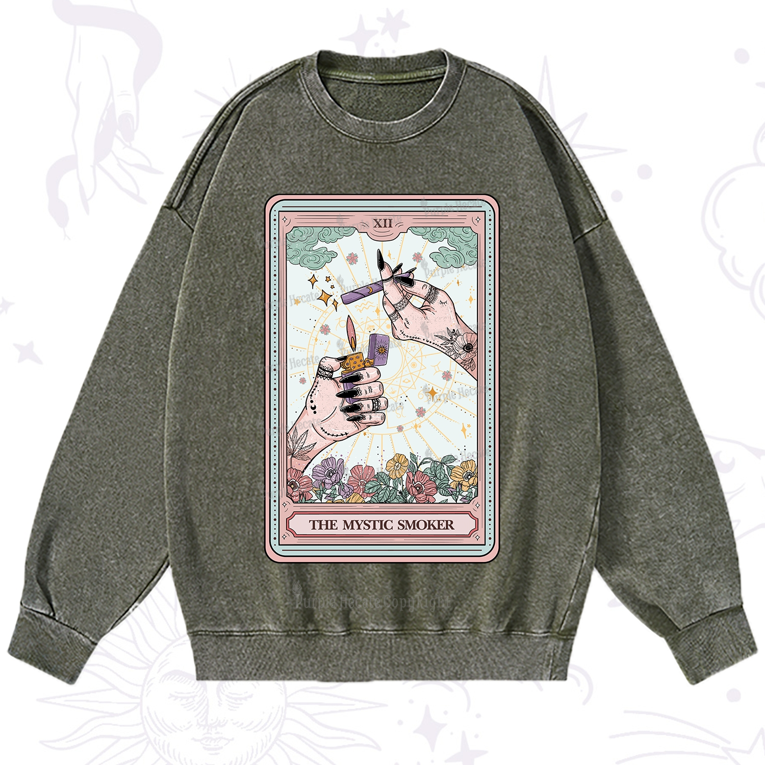 Purplehecate The Mystic Smoker Tarot Card Washed Sweatshirt