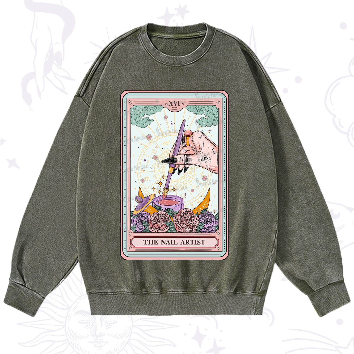 Purplehecate The Nail Artsit Tarot Card Washed Sweatshirt