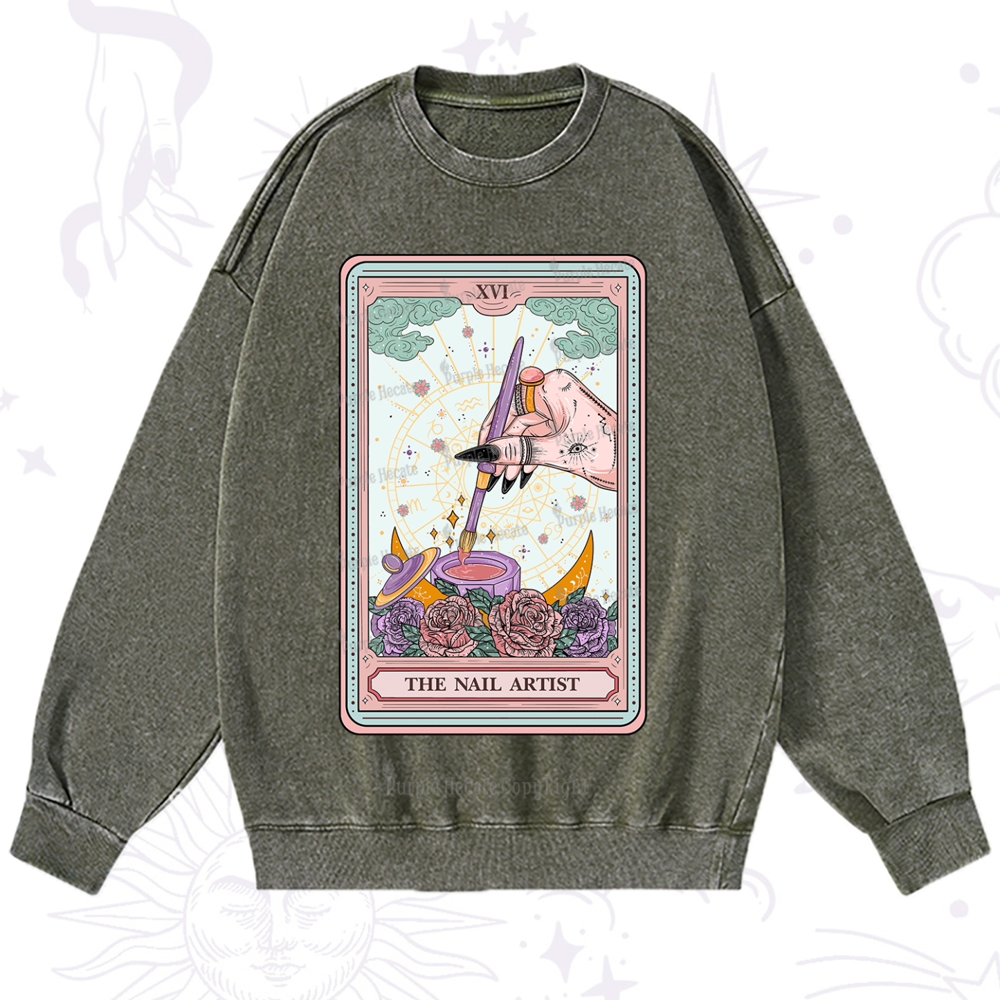 Purplehecate The Nail Artsit Tarot Card Washed Sweatshirt