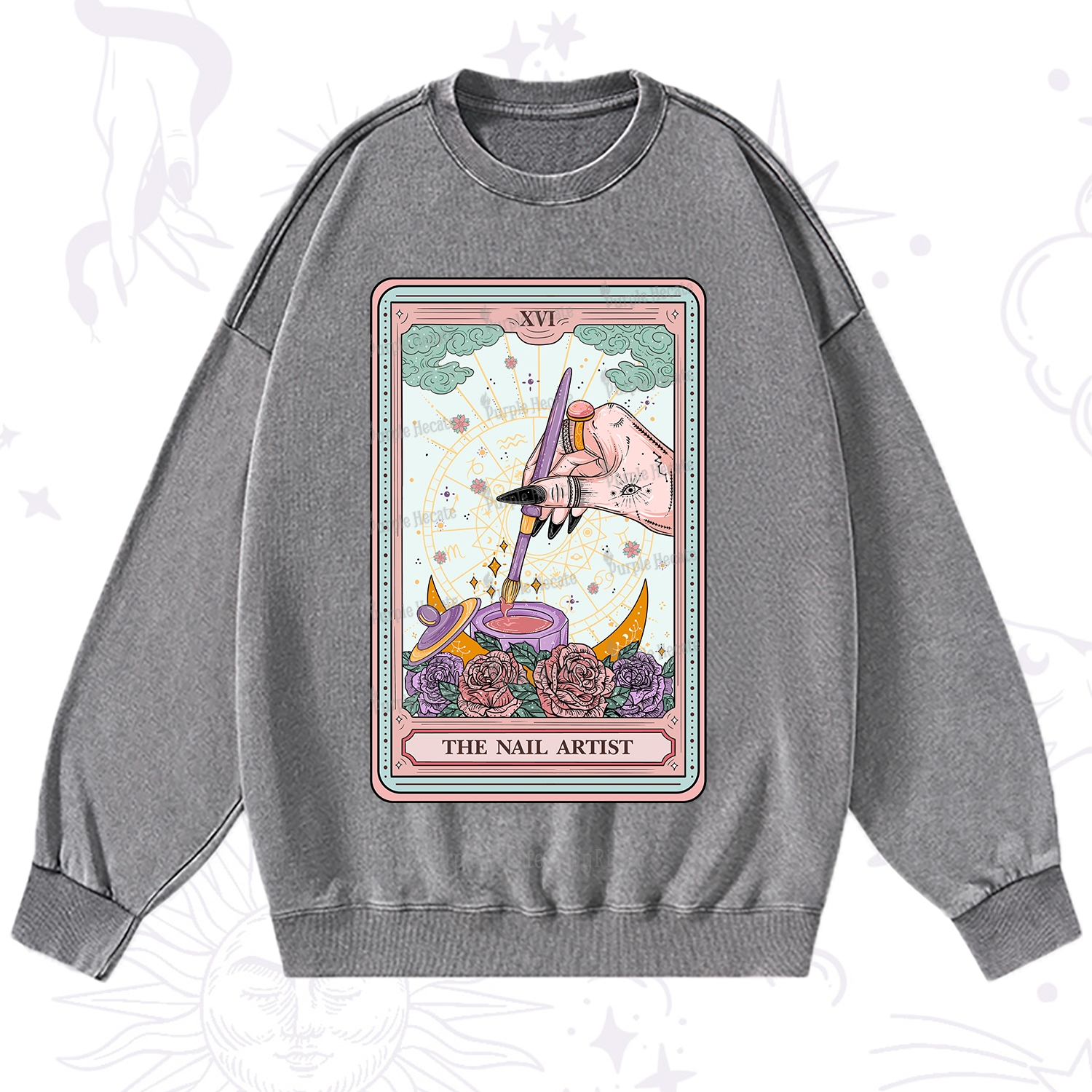 Purplehecate The Nail Artsit Tarot Card Washed Sweatshirt