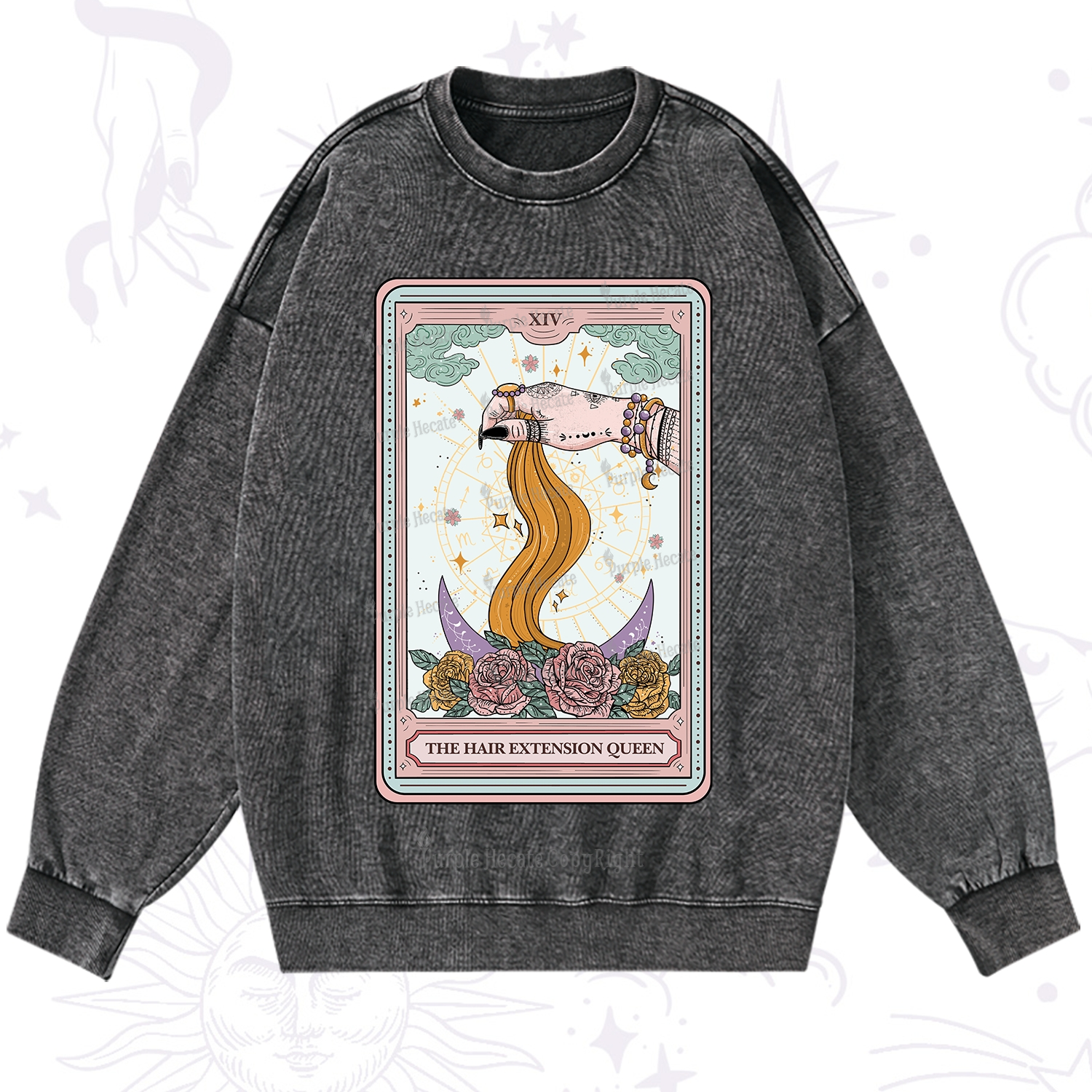 Purplehecate The Hair Extension Queen Tarot Card Washed Sweatshirt