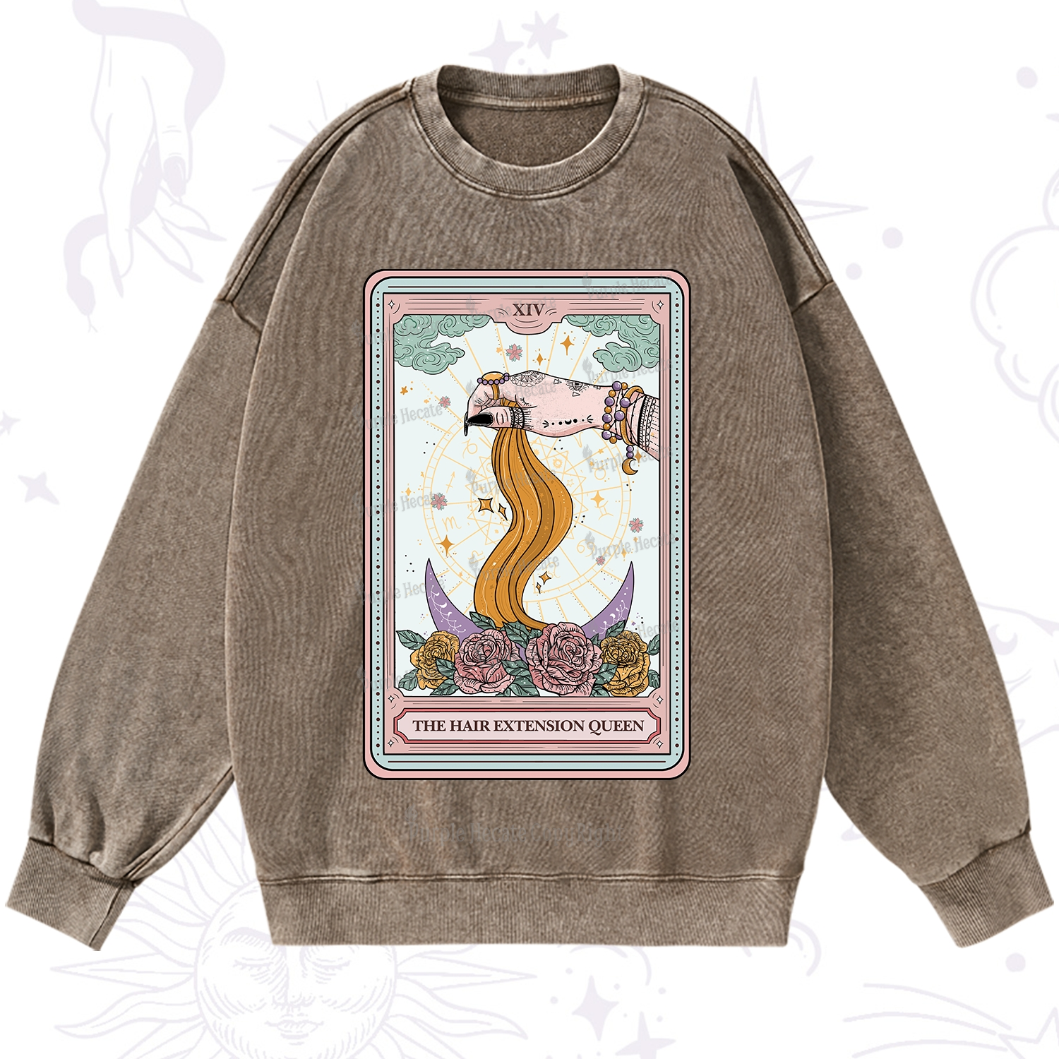 Purplehecate The Hair Extension Queen Tarot Card Washed Sweatshirt