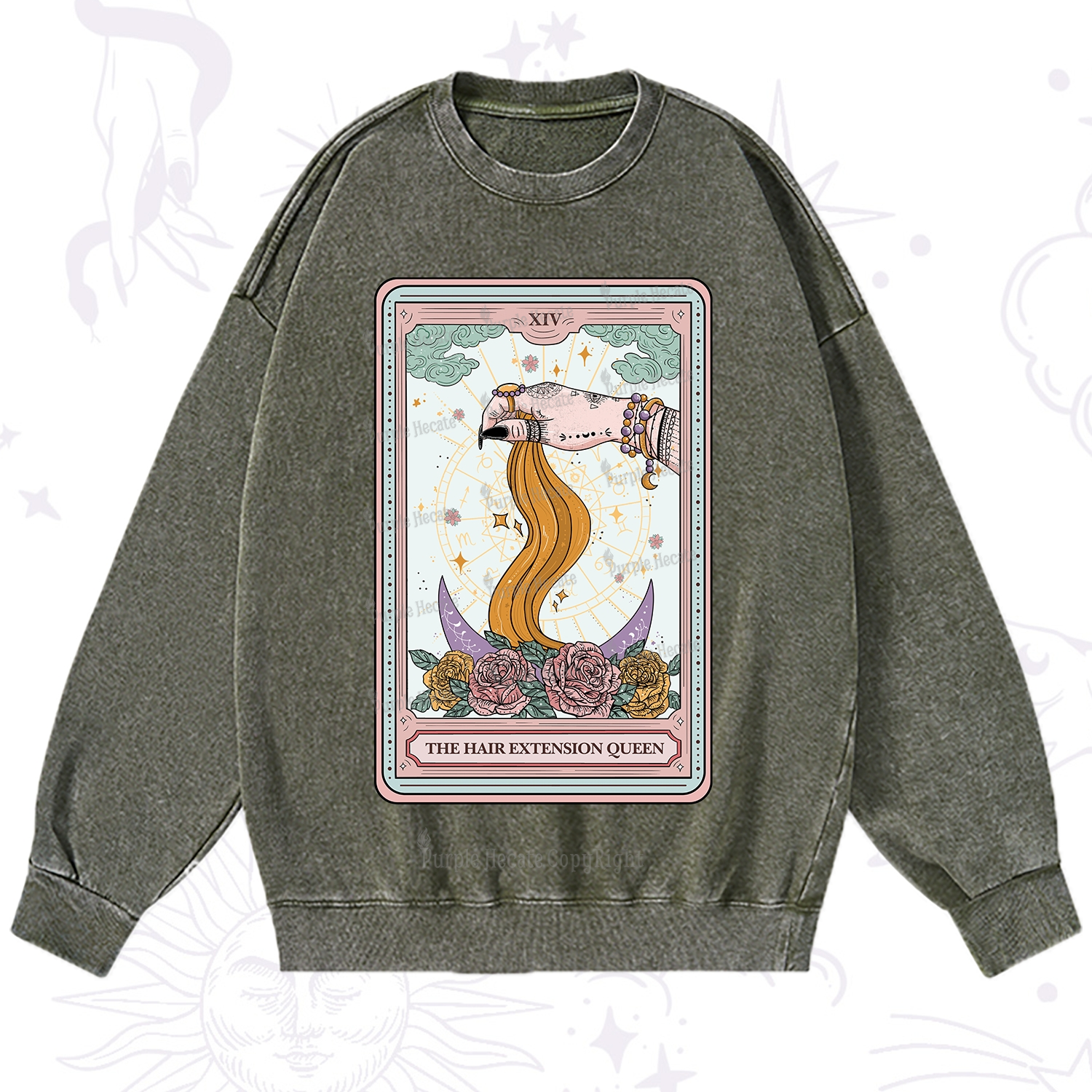 Purplehecate The Hair Extension Queen Tarot Card Washed Sweatshirt