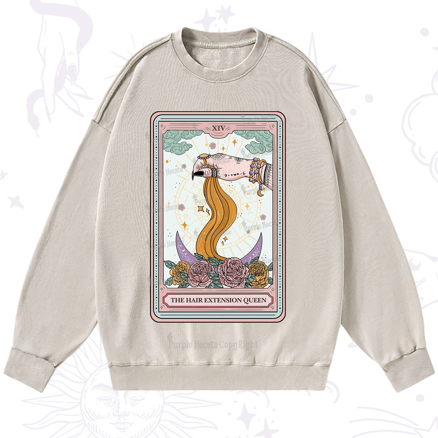 Purplehecate The Hair Extension Queen Tarot Card Washed Sweatshirt