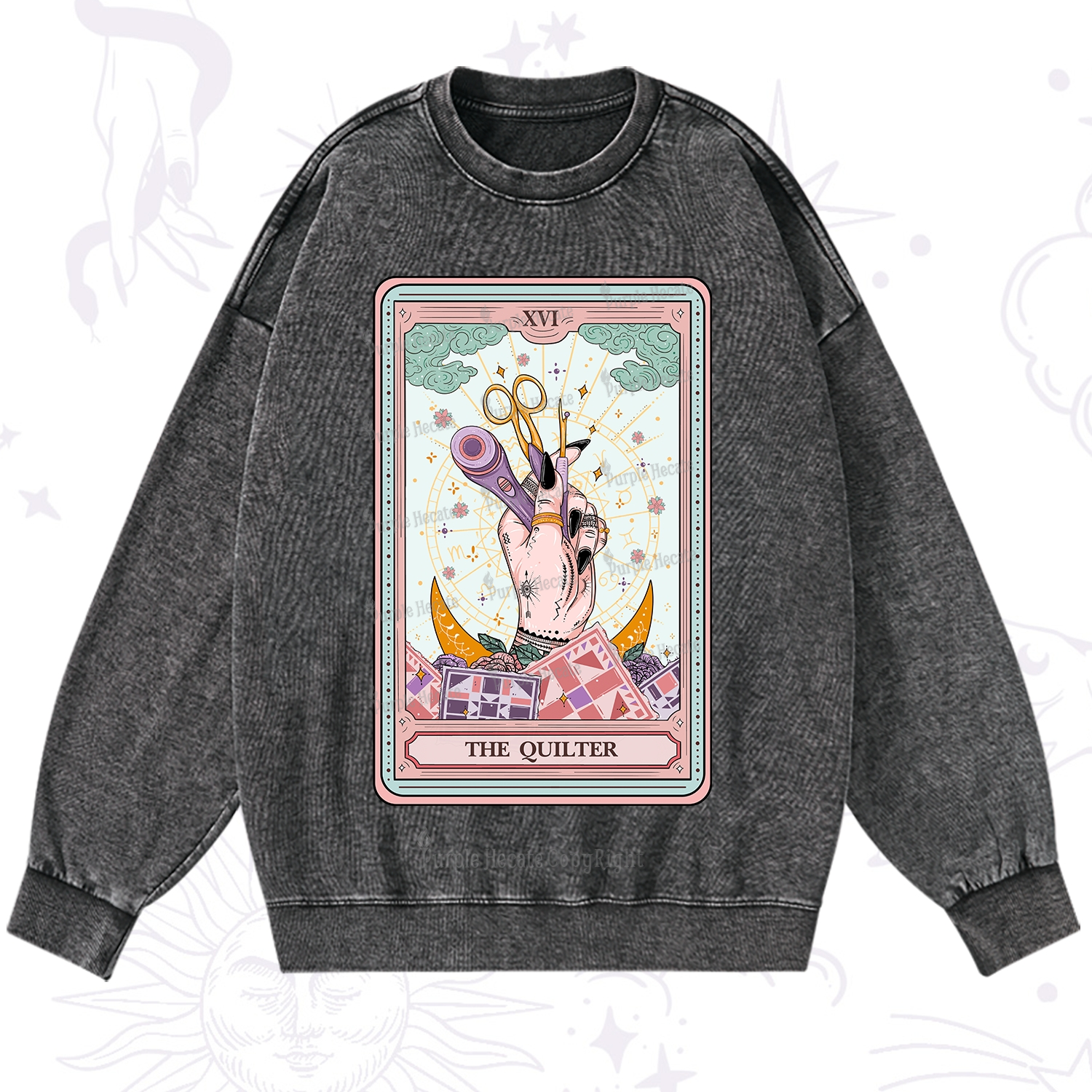 Purplehecate The Quilter Tarot Card Washed Sweatshirt