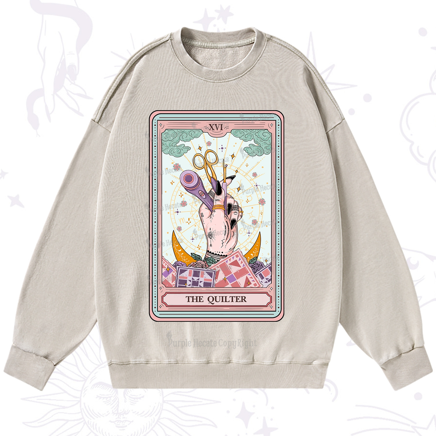 Purplehecate The Quilter Tarot Card Washed Sweatshirt