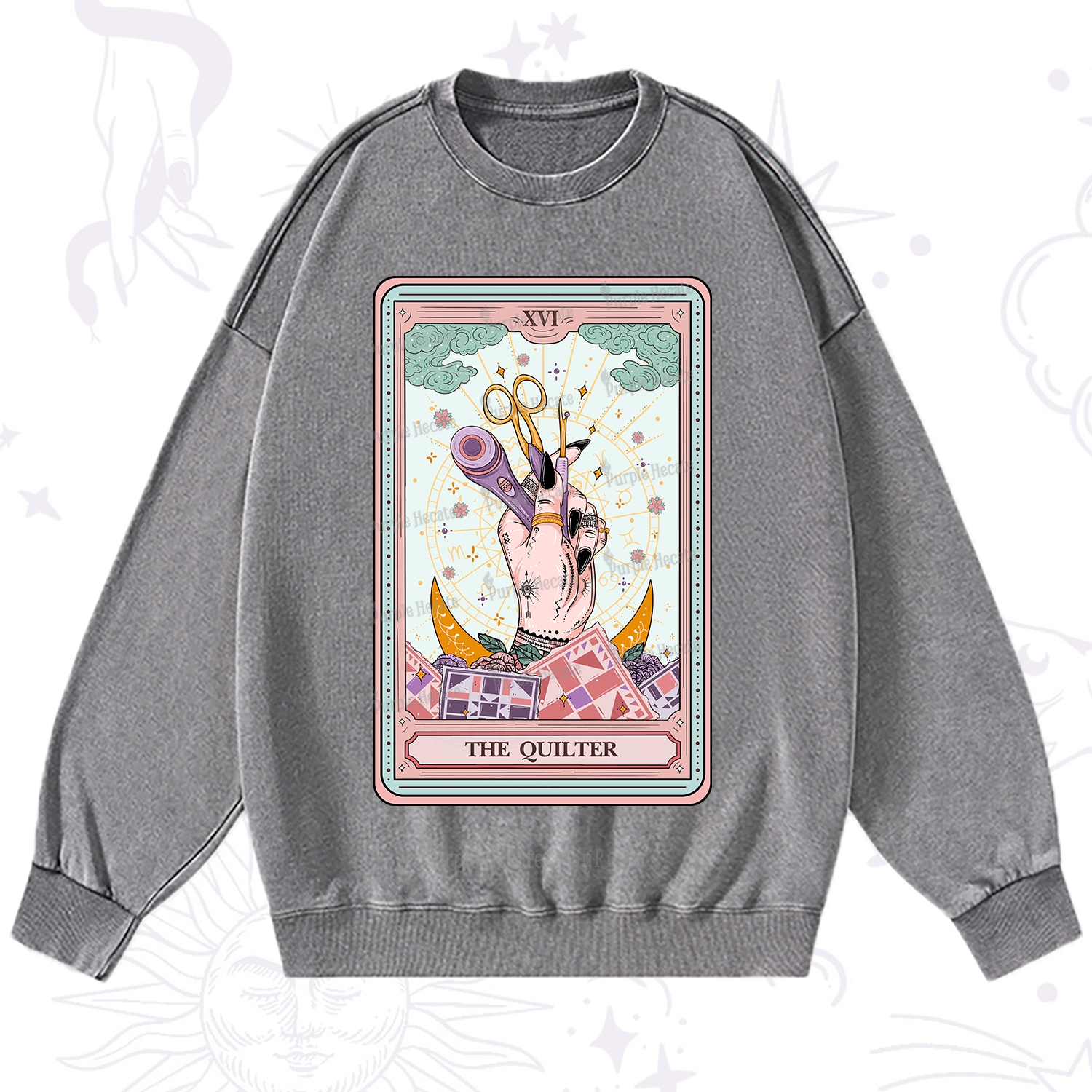 Purplehecate The Quilter Tarot Card Washed Sweatshirt