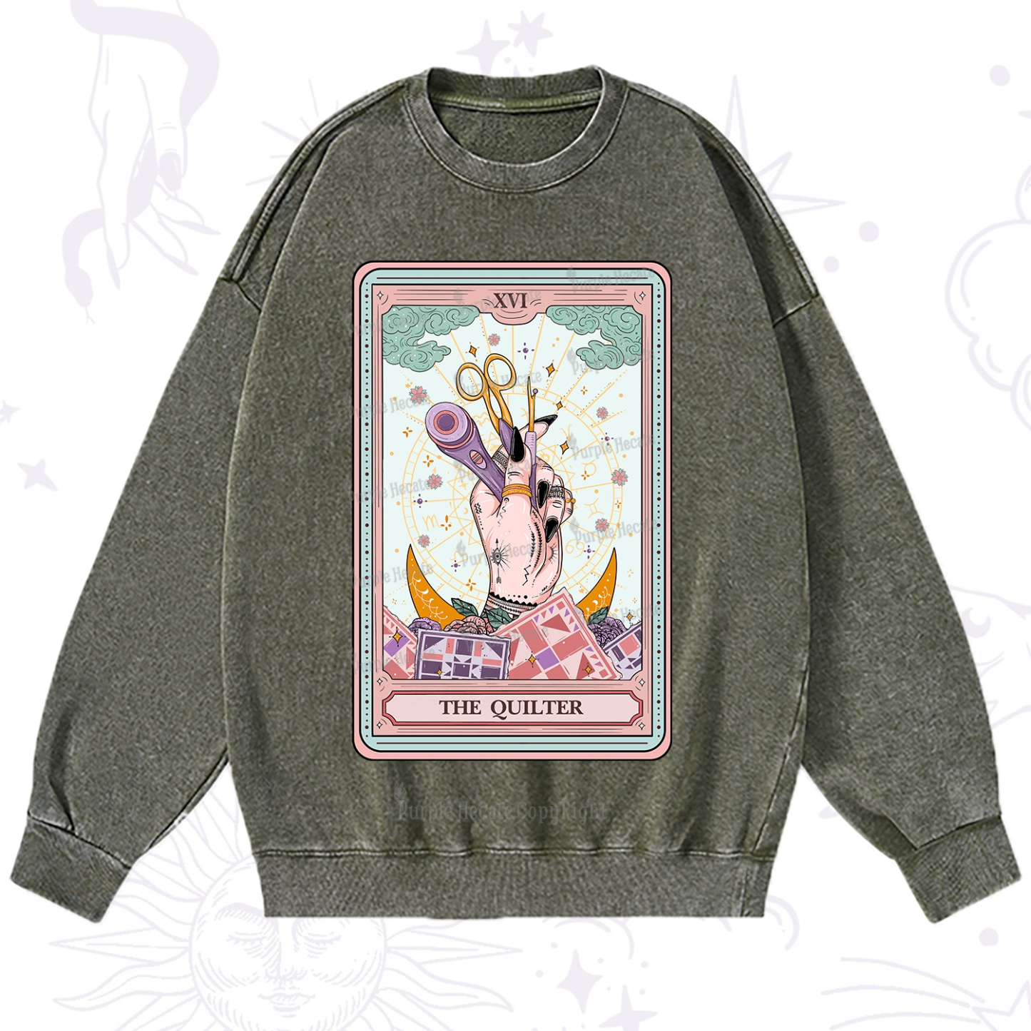 Purplehecate The Quilter Tarot Card Washed Sweatshirt