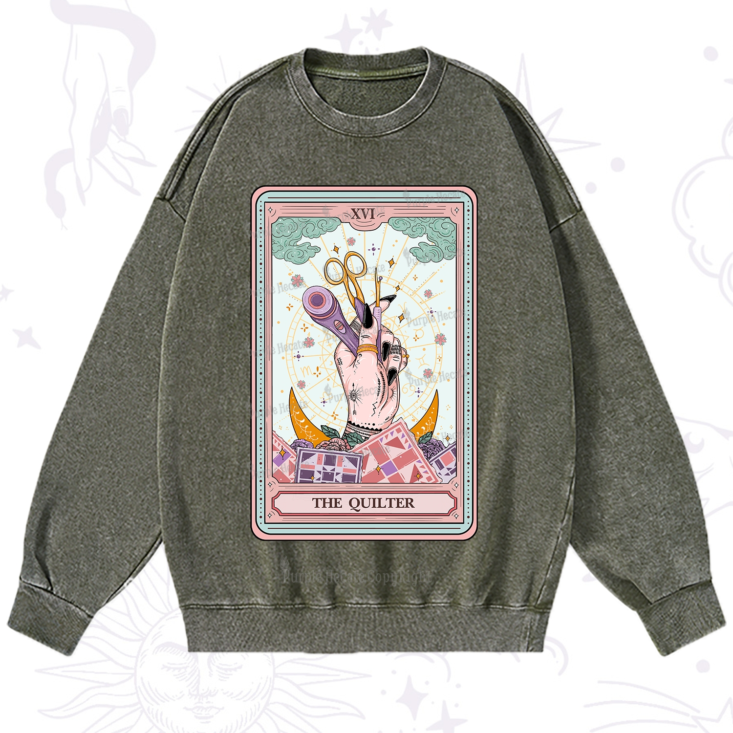 Purplehecate The Quilter Tarot Card Washed Sweatshirt