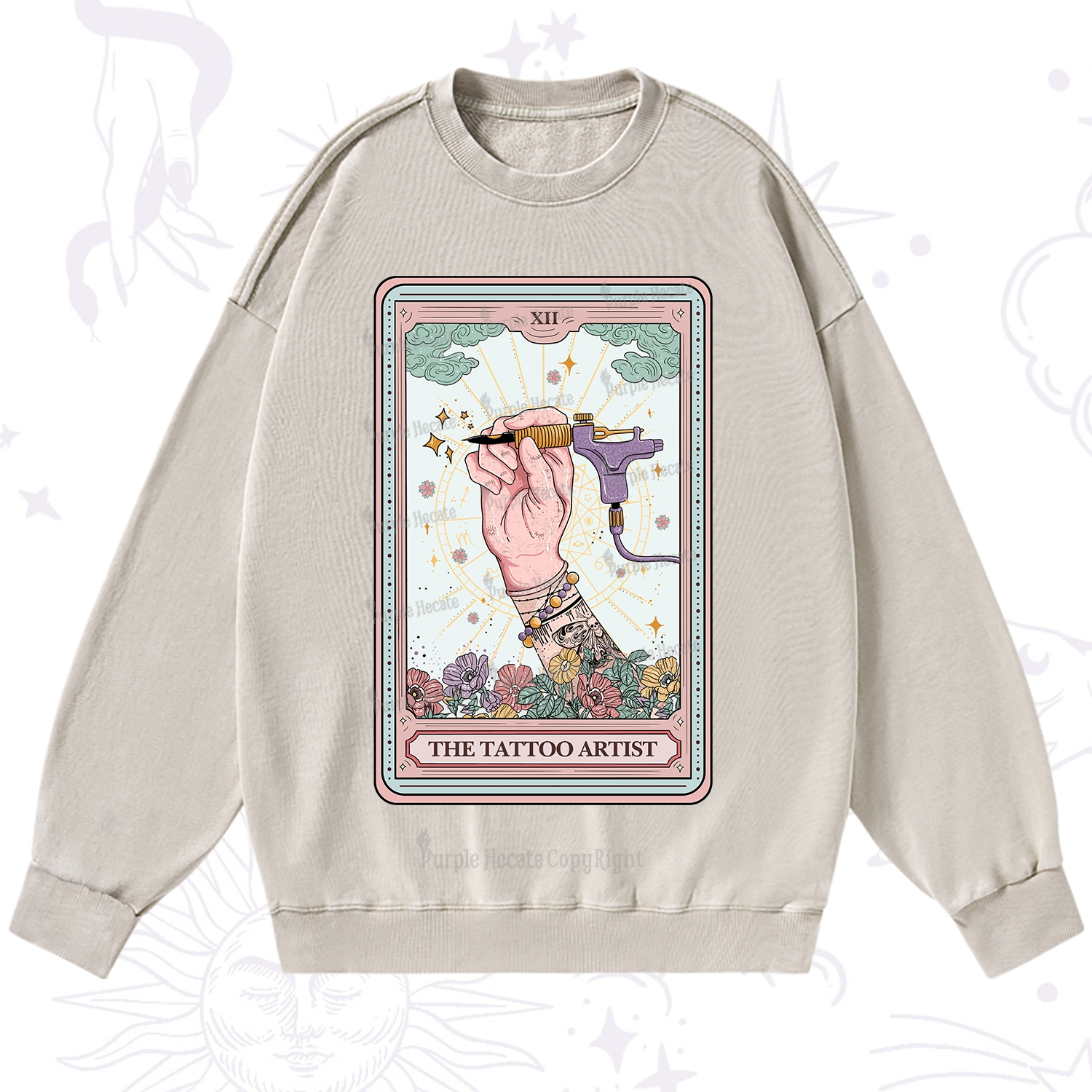 Purplehecate The Tattoo Artist Tarot Card Washed Sweatshirt