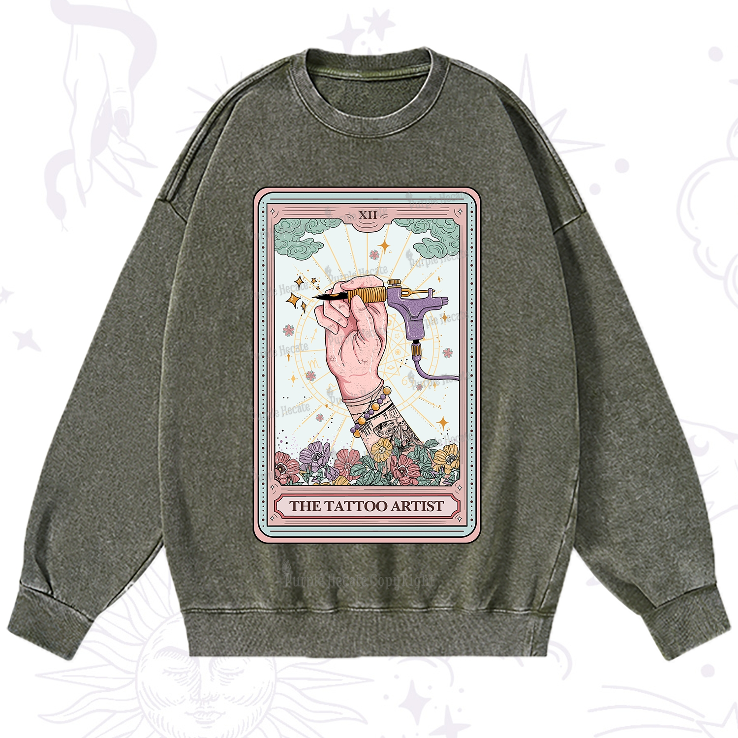 Purplehecate The Tattoo Artist Tarot Card Washed Sweatshirt