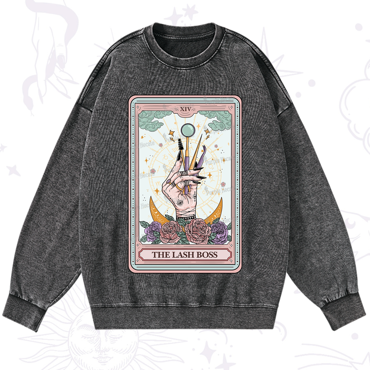 Purplehecate The Lash Boss Tarot Card Washed Sweatshirt