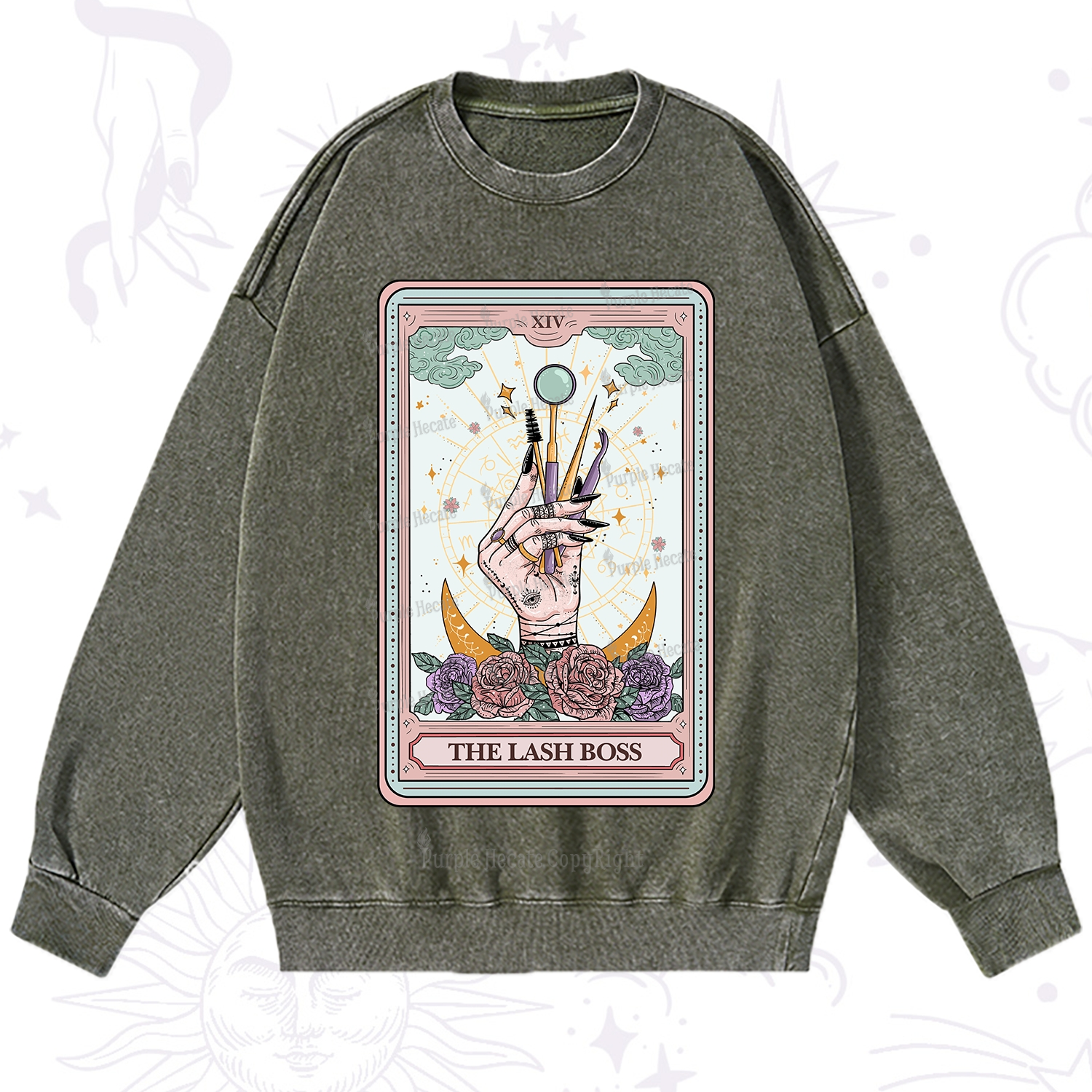 Purplehecate The Lash Boss Tarot Card Washed Sweatshirt