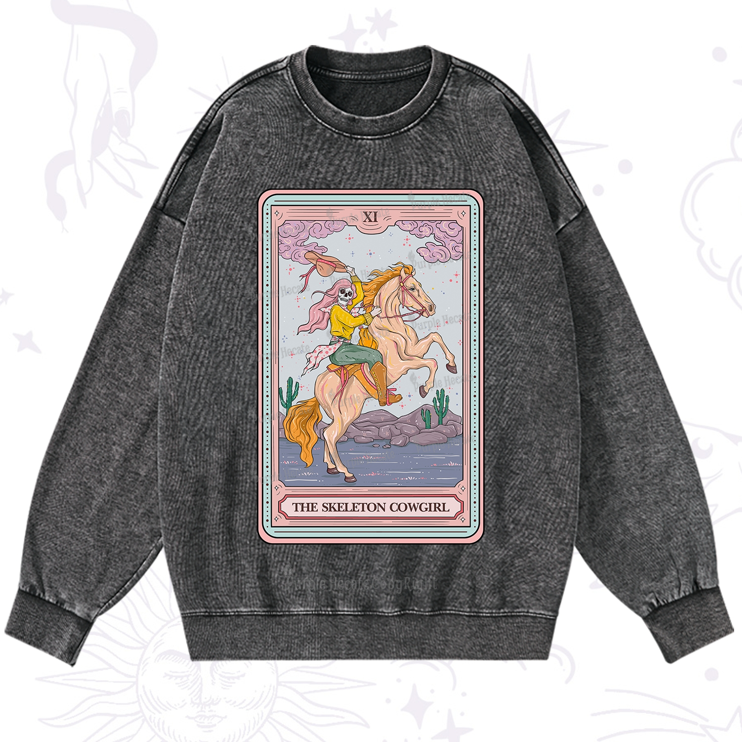 Purplehecate The Skeleton Cowgirl Tarot Card Washed Sweatshirt