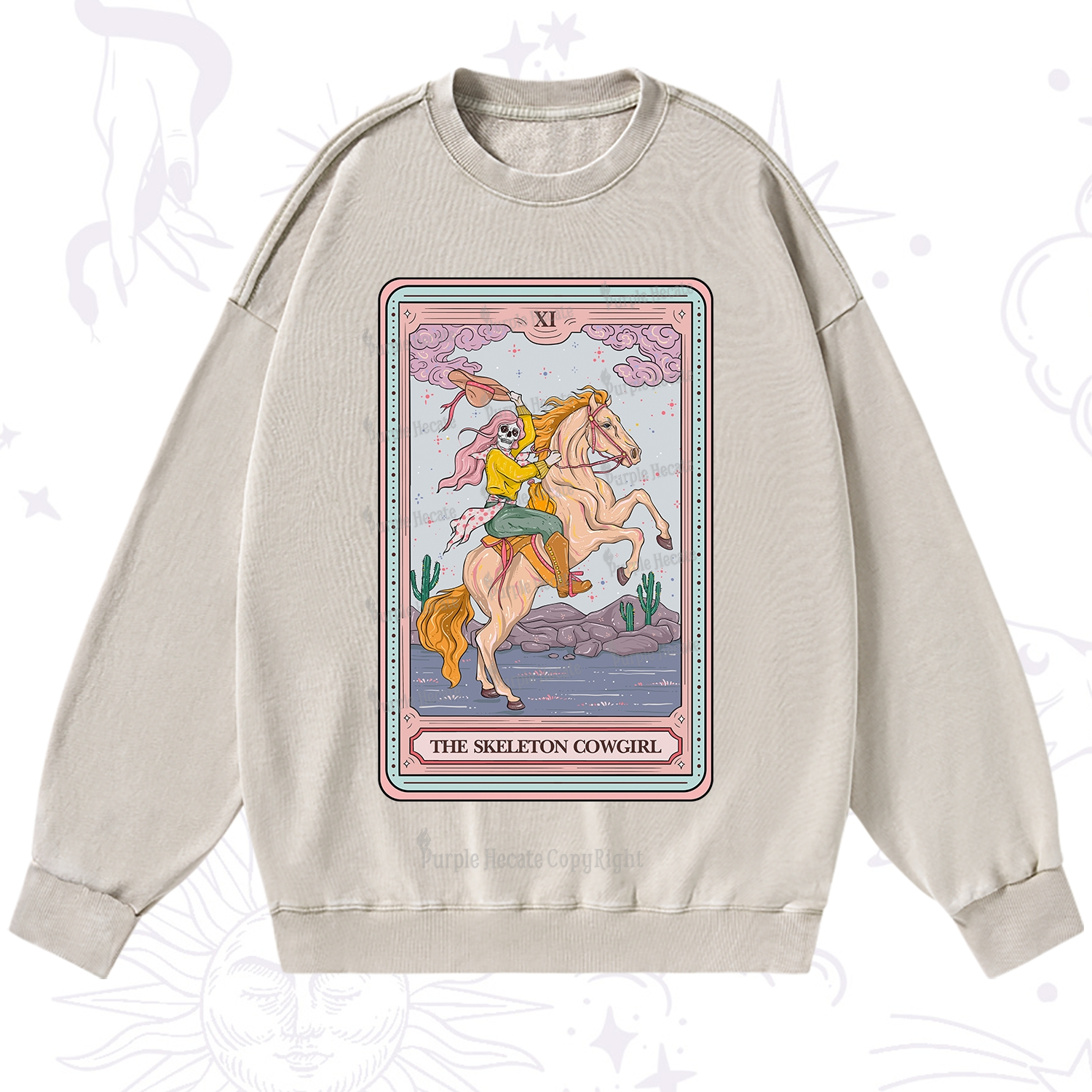 Purplehecate The Skeleton Cowgirl Tarot Card Washed Sweatshirt