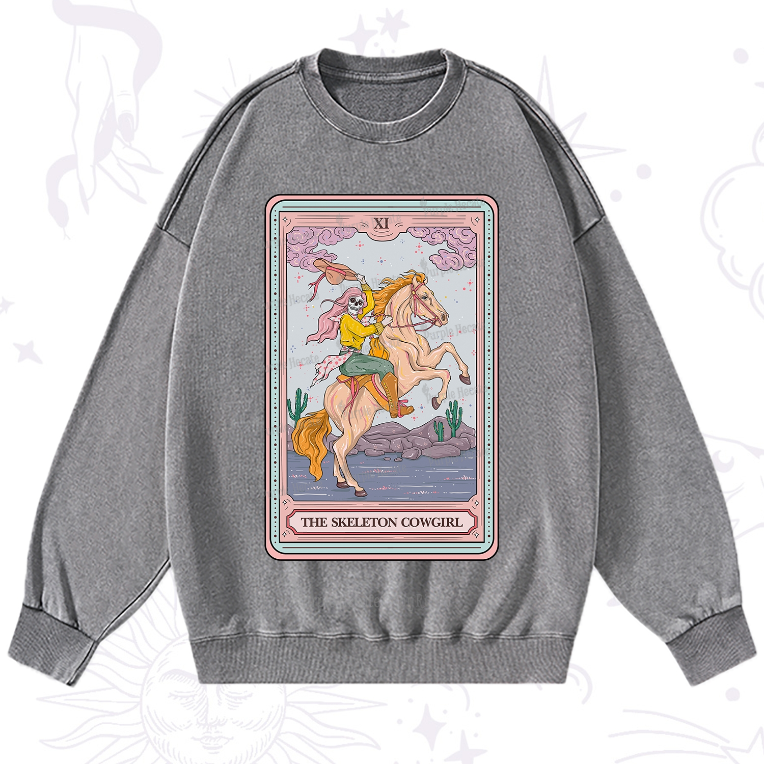 Purplehecate The Skeleton Cowgirl Tarot Card Washed Sweatshirt