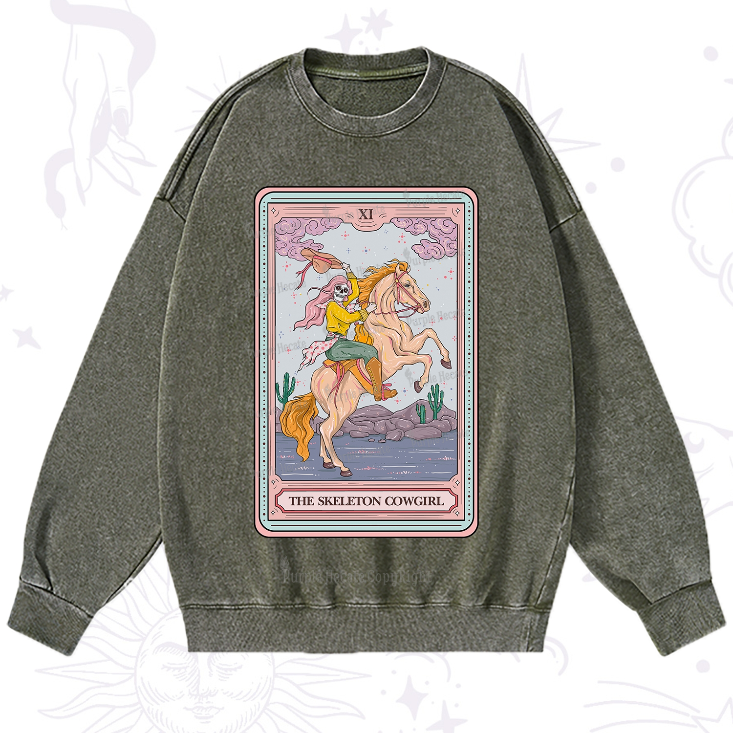 Purplehecate The Skeleton Cowgirl Tarot Card Washed Sweatshirt