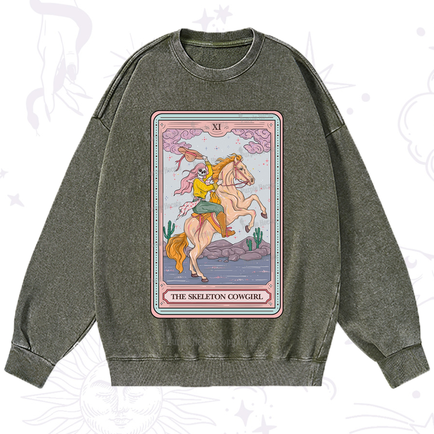 Purplehecate The Skeleton Cowgirl Tarot Card Washed Sweatshirt
