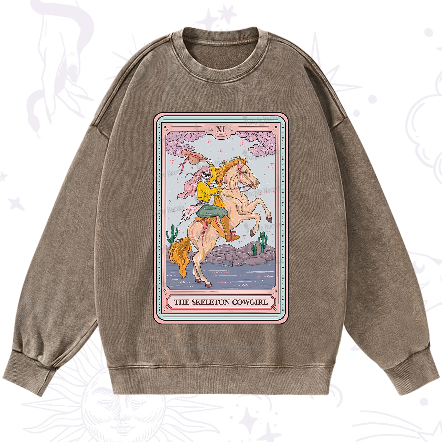 Purplehecate The Skeleton Cowgirl Tarot Card Washed Sweatshirt